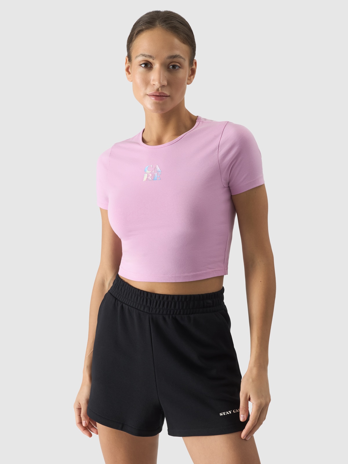 T-shirt crop top z nadrukiem damski - różowy