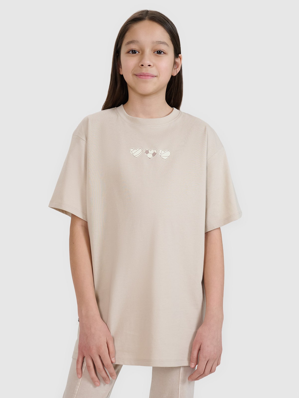 4F T-shirt oversize z nadrukiem dziewczęcy - beżowy 164 (13-14 lat)