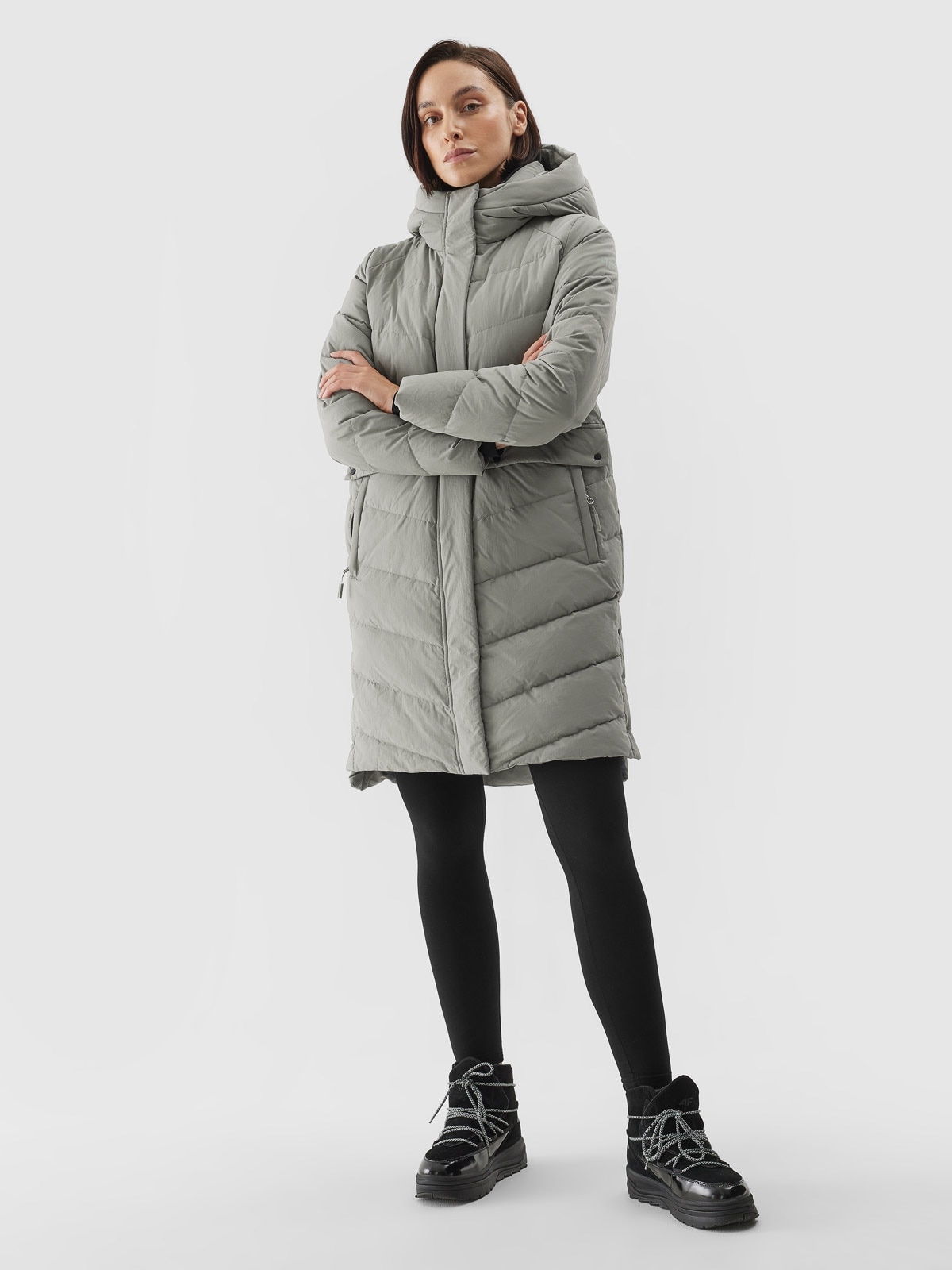 Płaszcz zimowy puchowy pikowany z wypełnieniem naturalnym damski - oliwkowy
