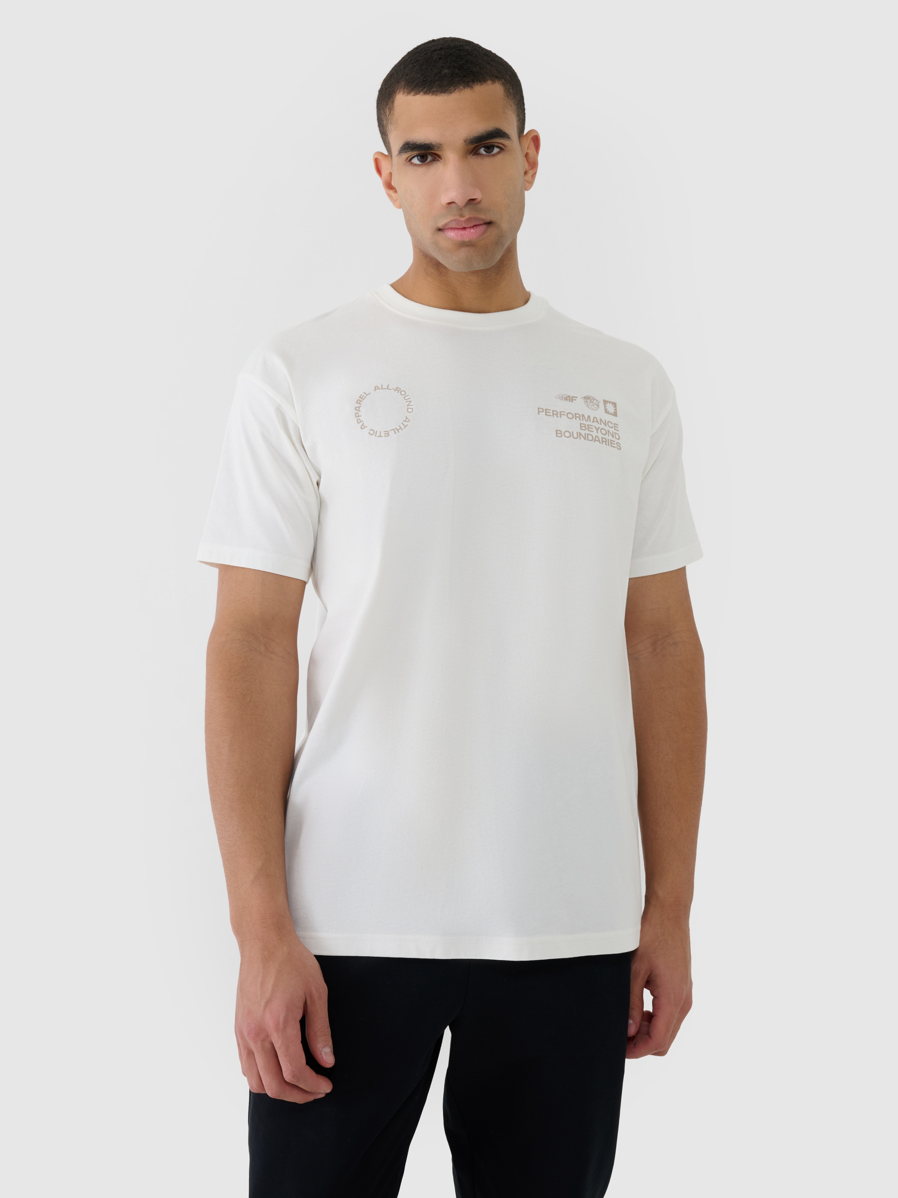 4F T-shirt oversize z nadrukiem męski - beżowy S