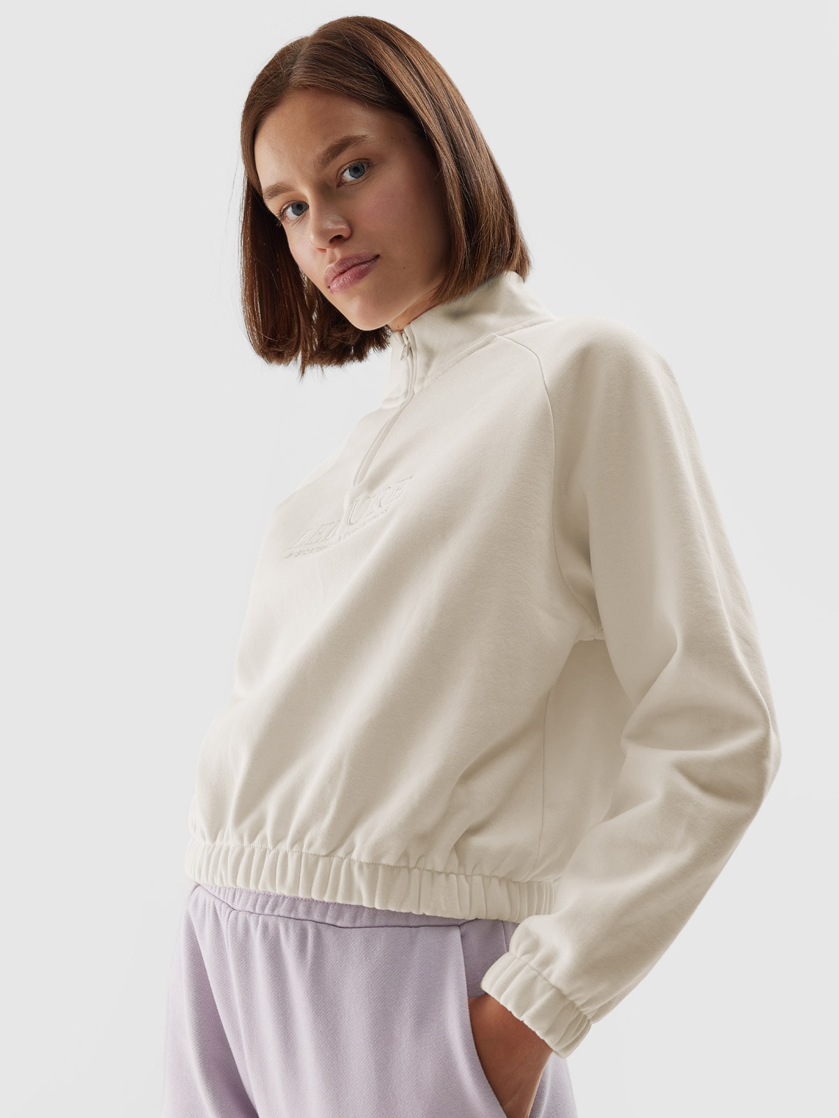 Bluza dresowa nierozpinana bez kaptura damska - kremowa