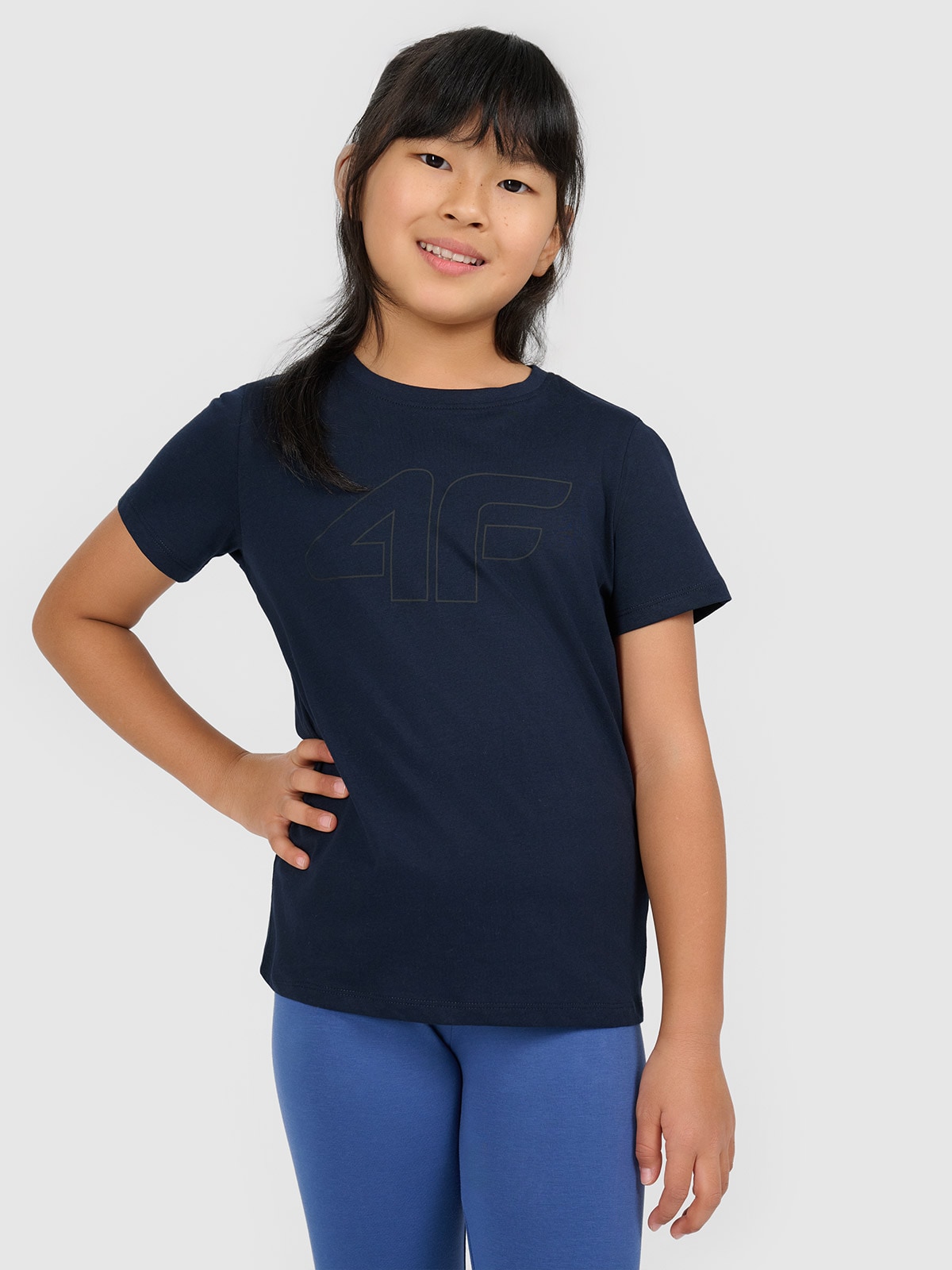4F T-shirt oversize z nadrukiem dziewczęcy - granatowy 140 (9-10 lat)