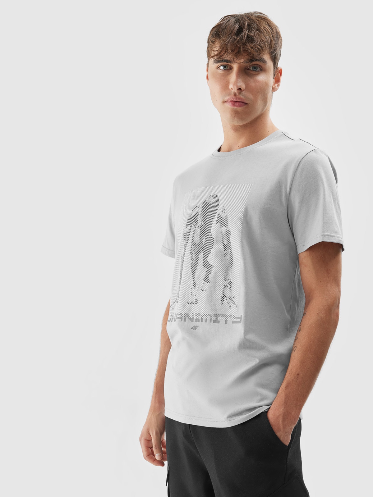 T-shirt regular z nadrukiem męski - szary