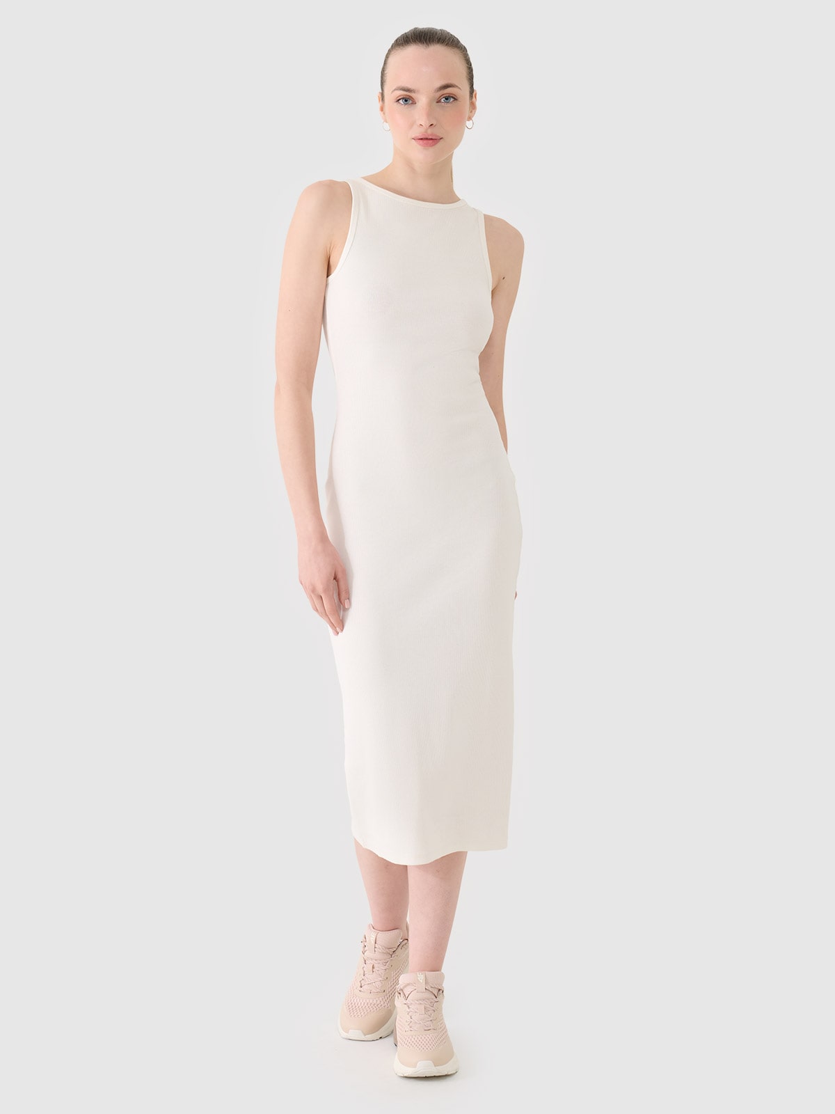 4F Sukienka z prążkowanej dzianiny damska - biała XS