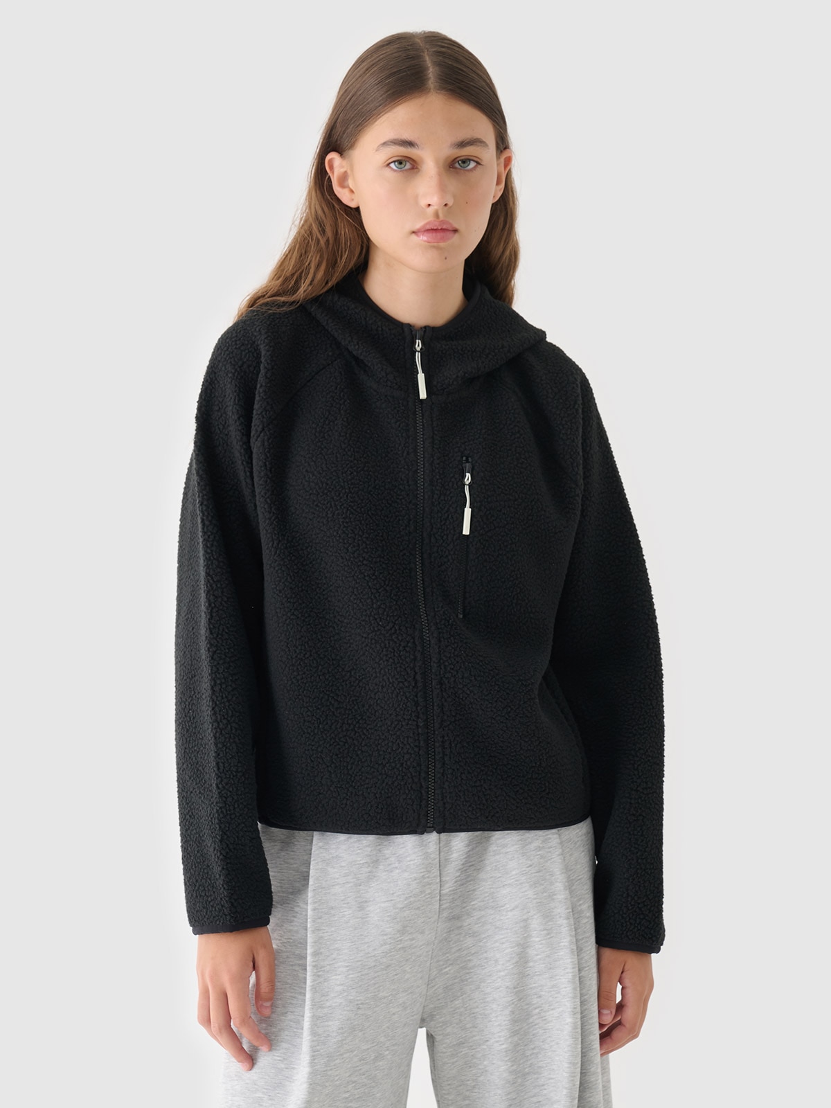 4F Polar sherpa z kapturem damski - czarny XL