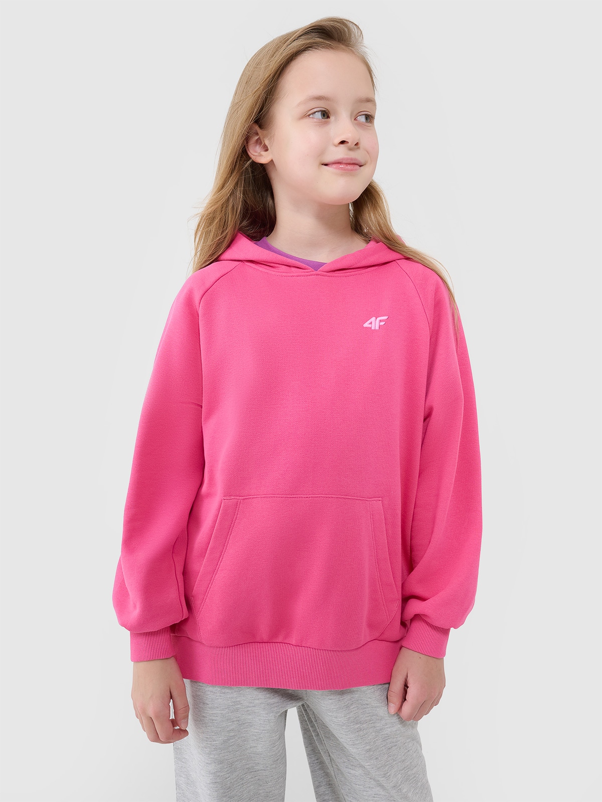 4F Bluza dresowa nierozpinana z kapturem dziewczęca - różowa 122 (6-7 lat)