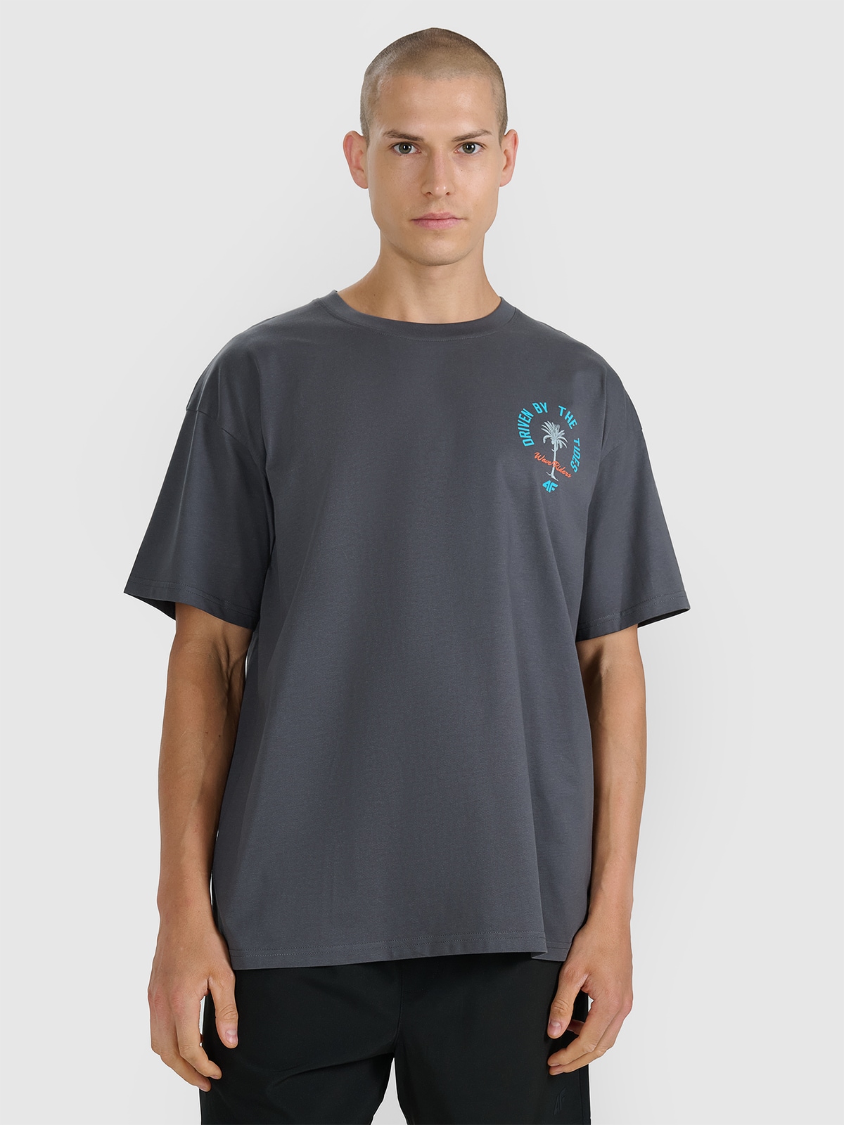 4F T-shirt oversize z nadrukiem męski - szary S