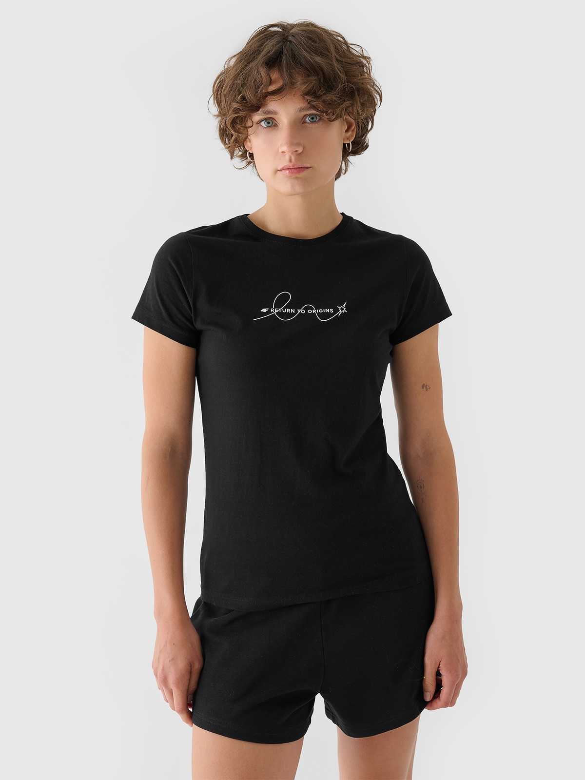 T-shirt slim z nadrukiem damski - czarny