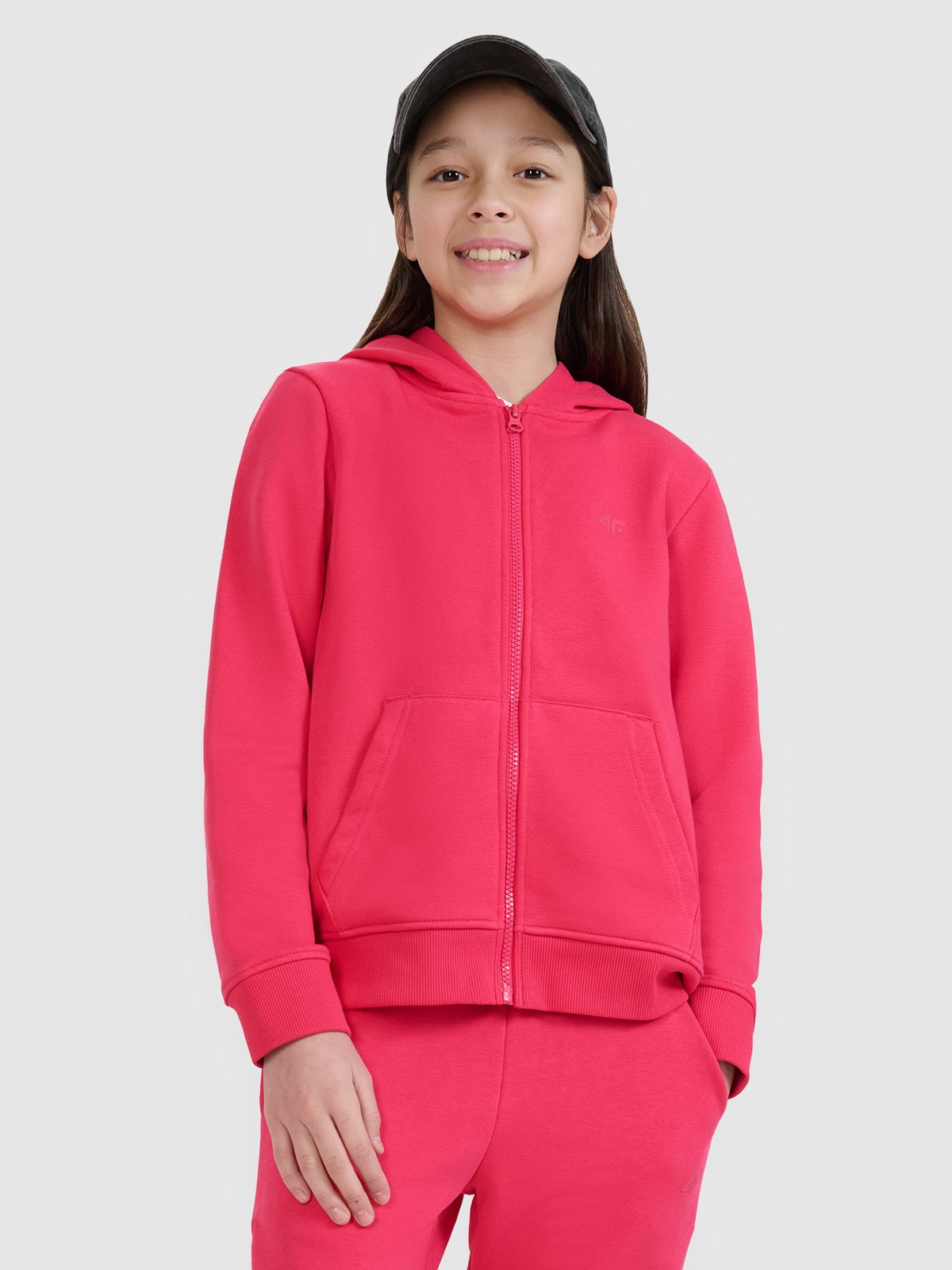 4F Bluza dresowa rozpinana z kapturem dziewczęca - różowa 140 (9-10 lat)