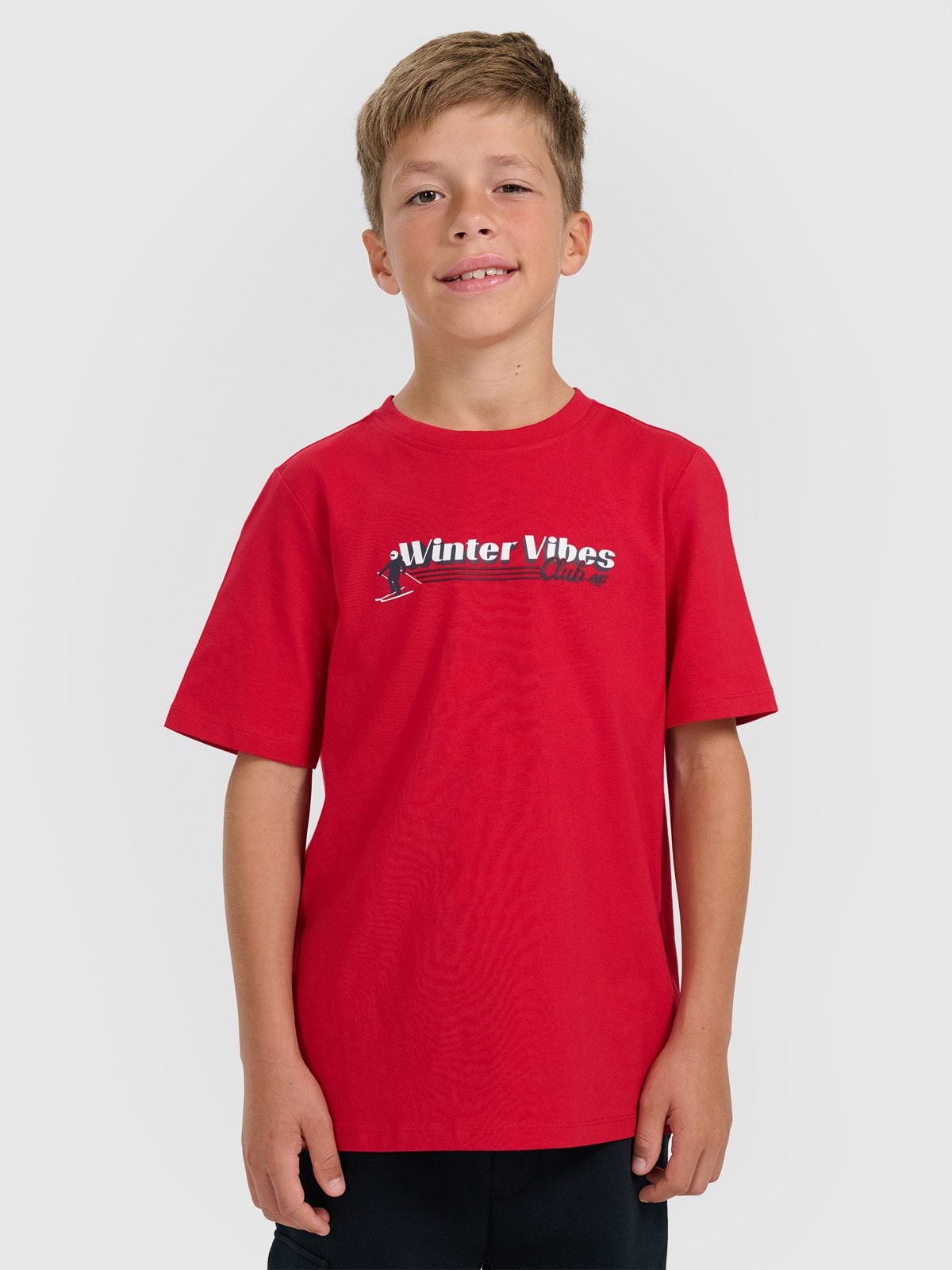 4F T-shirt regular z nadrukiem chłopięcy - czerwony 158 (12-13 lat)
