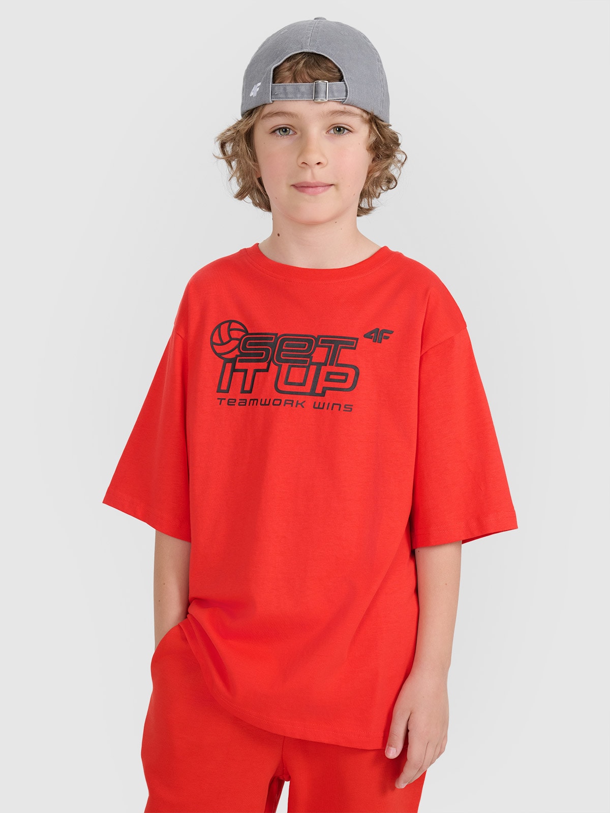 4F T-shirt oversize z nadrukiem dziecięcy - czerwony 158/164 (12-14 lat)