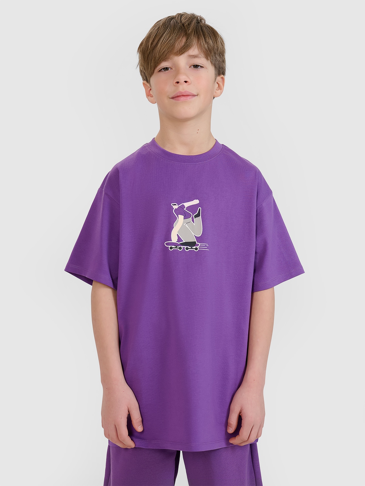 4F T-shirt oversize z nadrukiem chłopięcy - fioletowy 164 (13-14 lat)