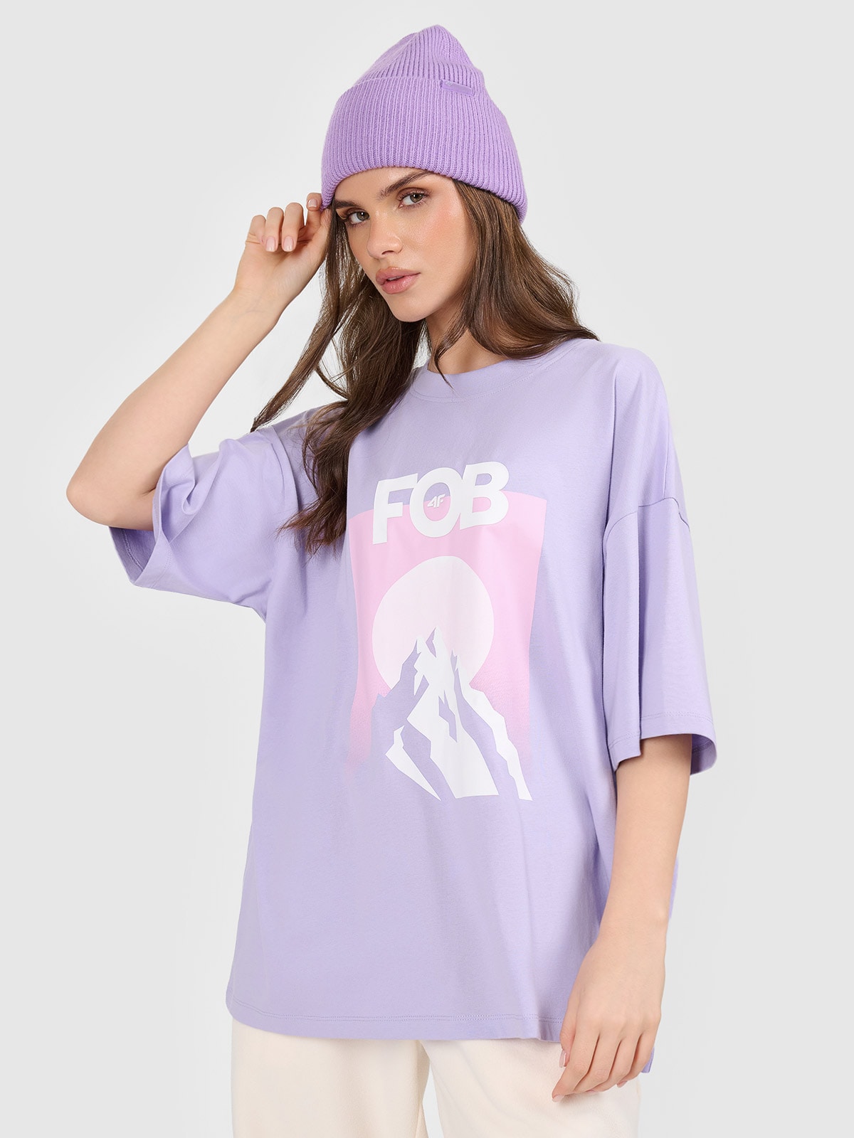 4F T-shirt loose z nadrukiem damski - fioletowy L