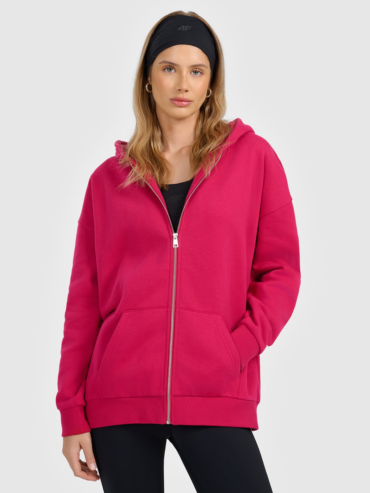 4F Bluza dresowa rozpinana z kapturem damska - różowa L
