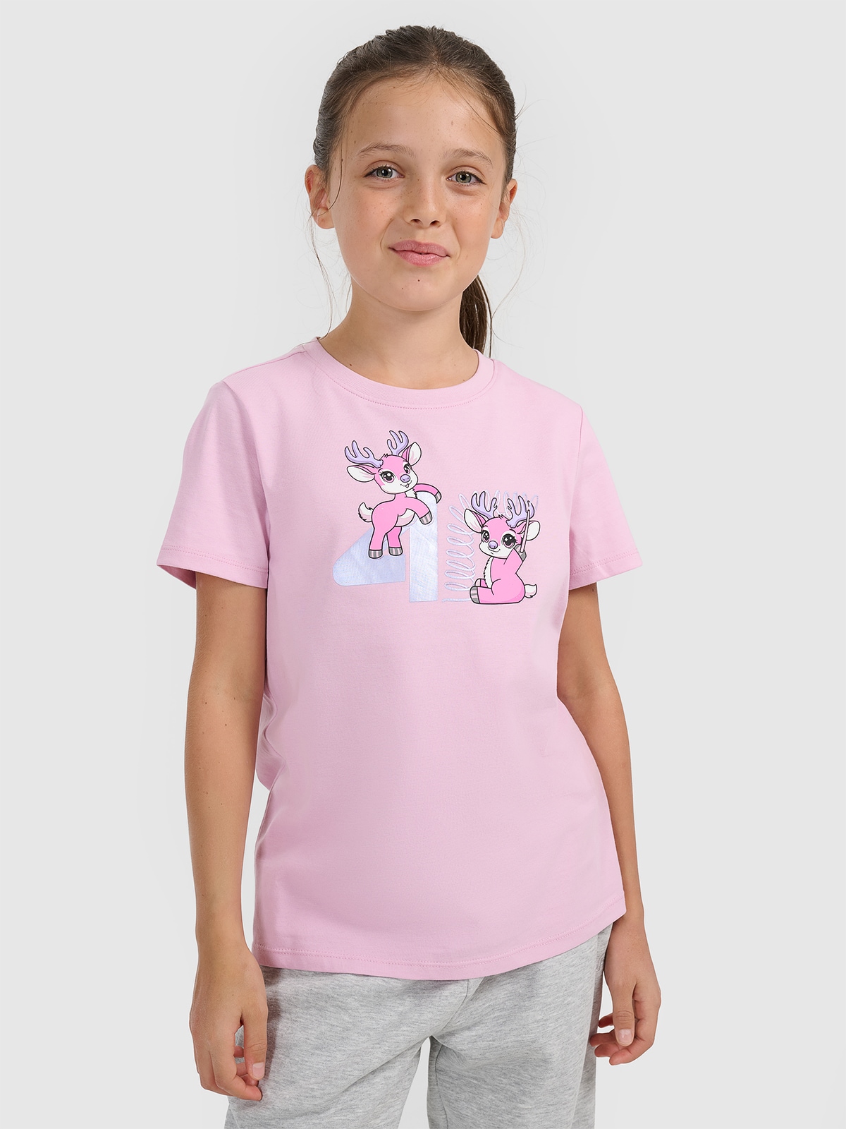 4F T-shirt regular z nadrukiem świątecznym dziewczęcy - różowy 152 (11-12 lat)