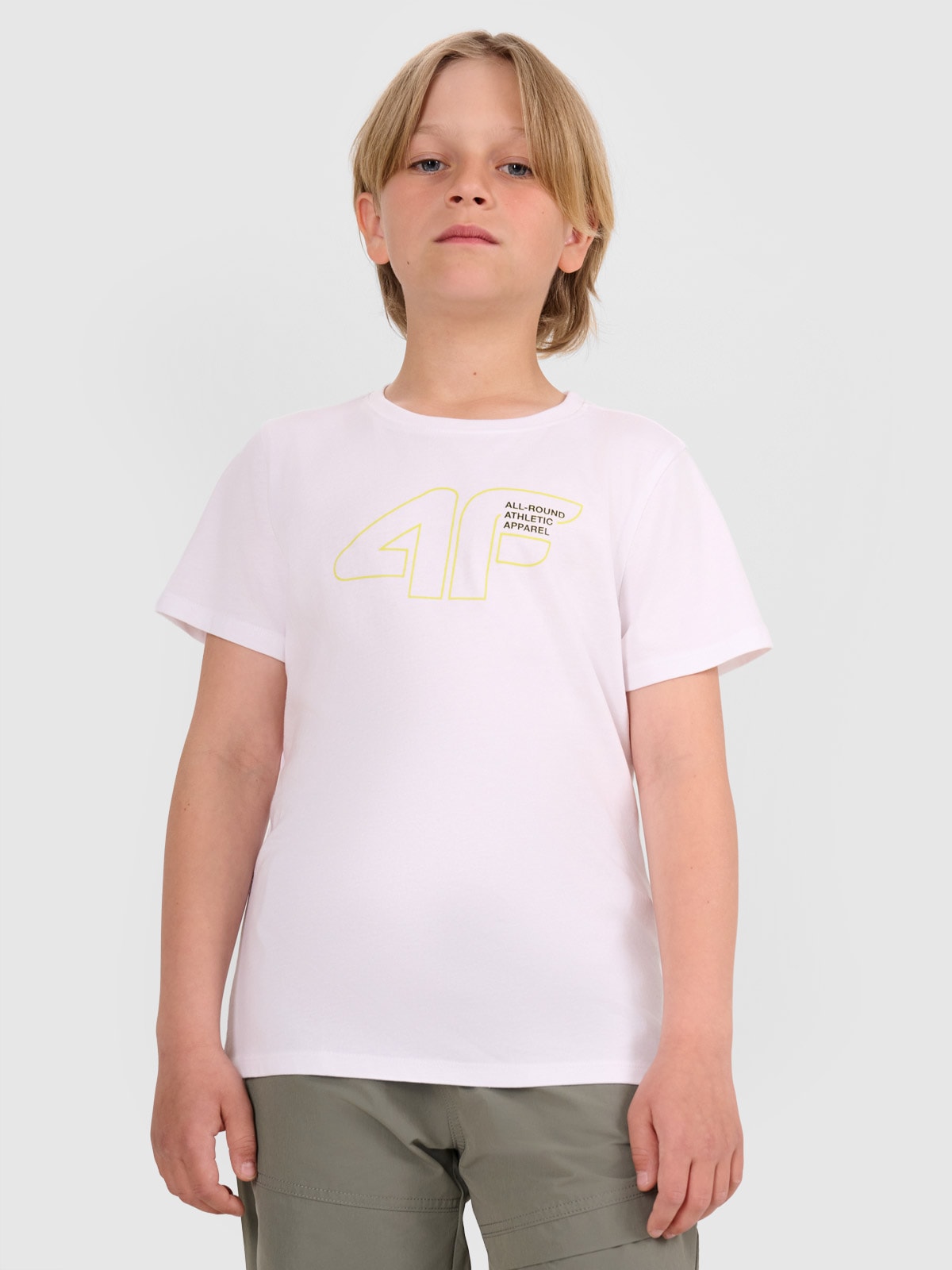 4F T-shirt regular z nadrukiem chłopięcy - biały 128 (7-8 lat)