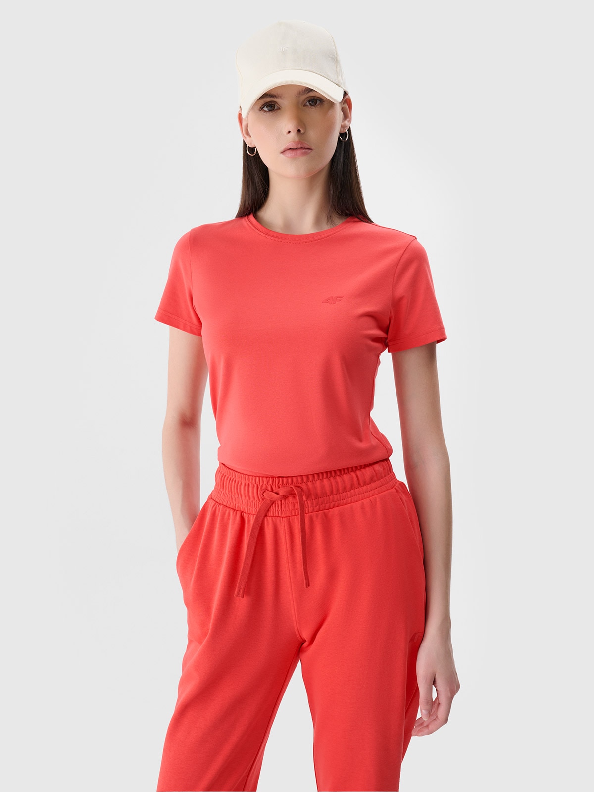 4F T-shirt slim gładki damski - czerwony XS
