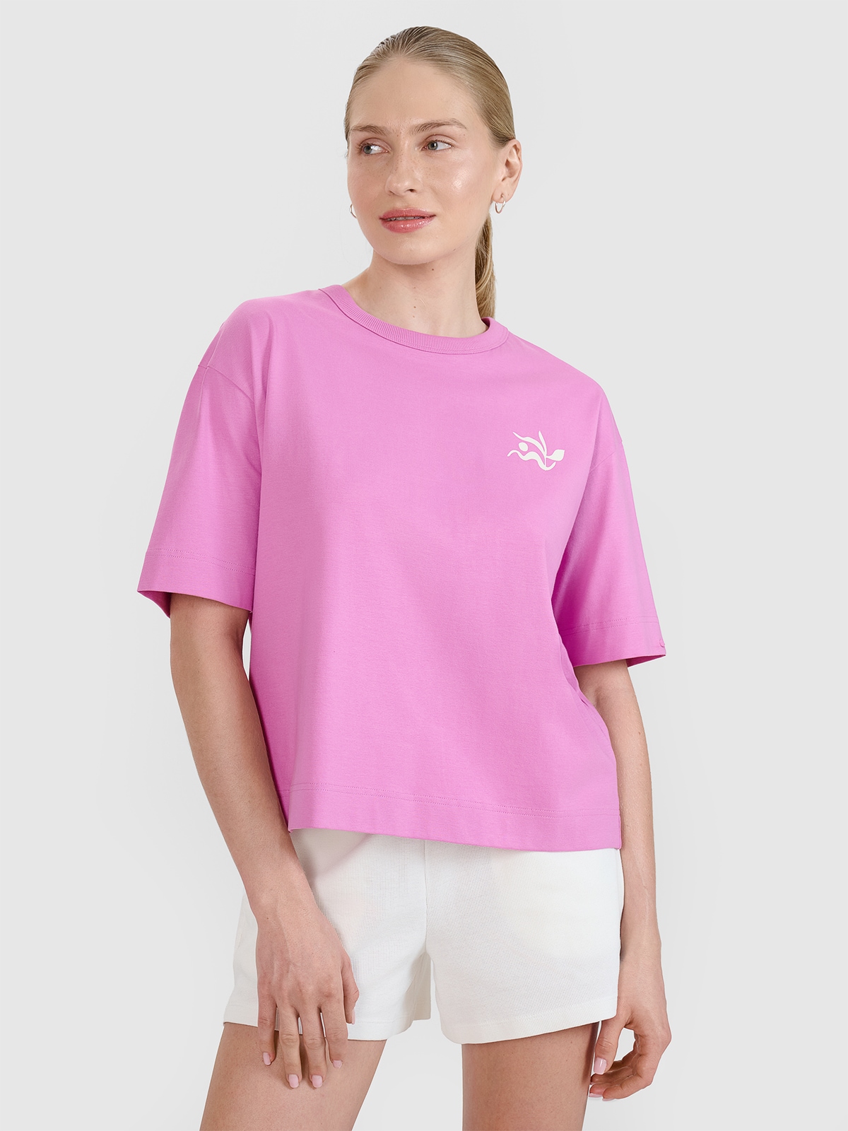 4F T-shirt regular z nadrukiem damski - różowy L