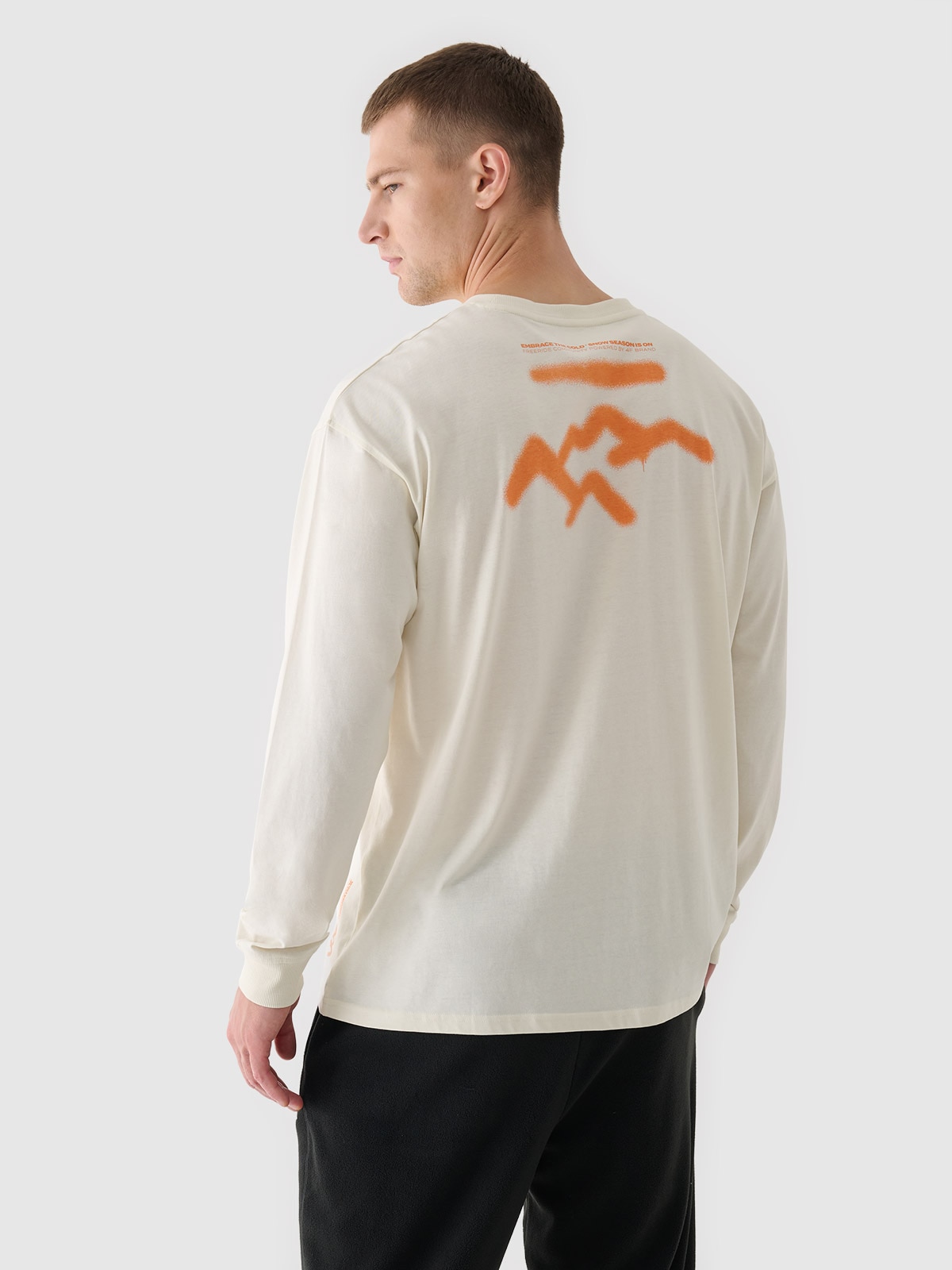 4F Longsleeve oversize z nadrukiem męski - beżowy L