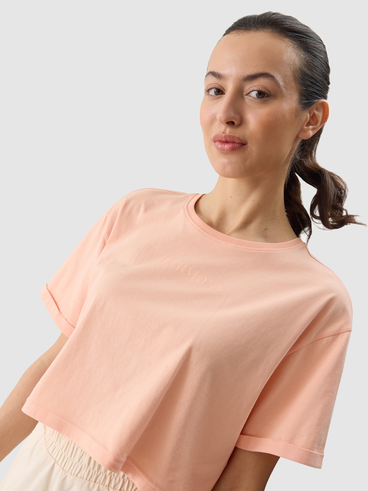 4F T-shirt crop top z nadrukiem damski - koralowy L