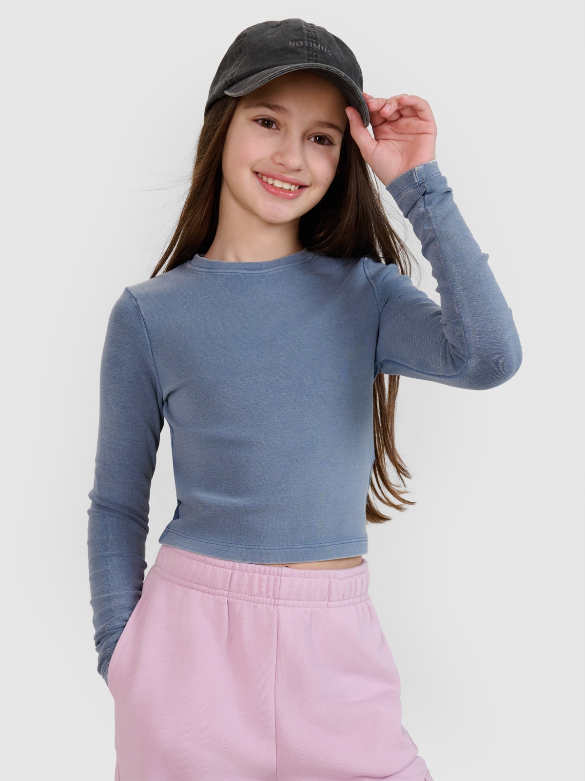 4F Longsleeve slim crop top gładki dziewczęcy - granatowy 158 (12-13 lat)