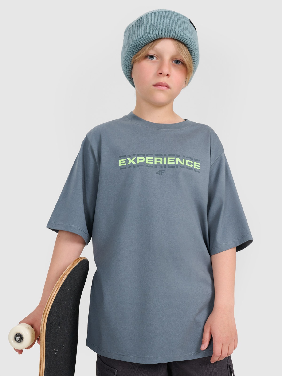 4F T-shirt oversize z nadrukiem chłopięcy - turkusowy 158/164 (12-14 lat)