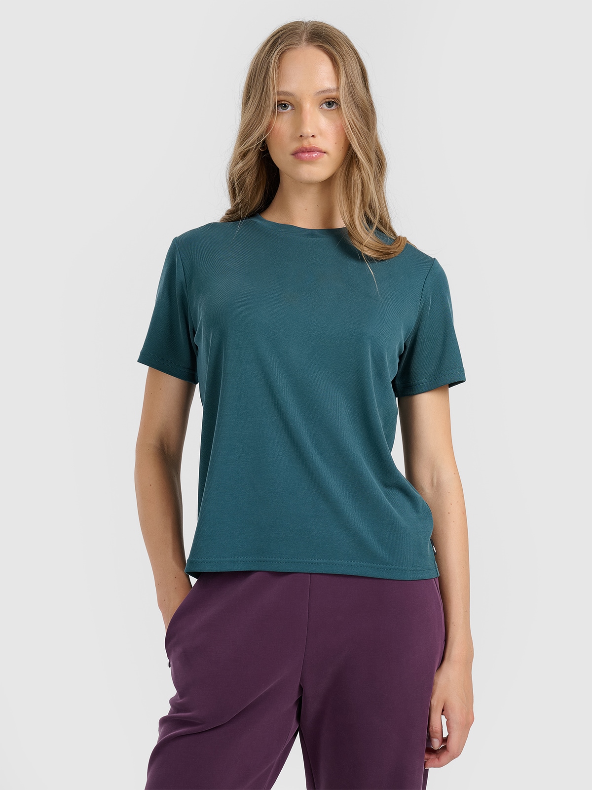 4F T-shirt z prążkowanej dzianiny z modalem damski - turkusowy L