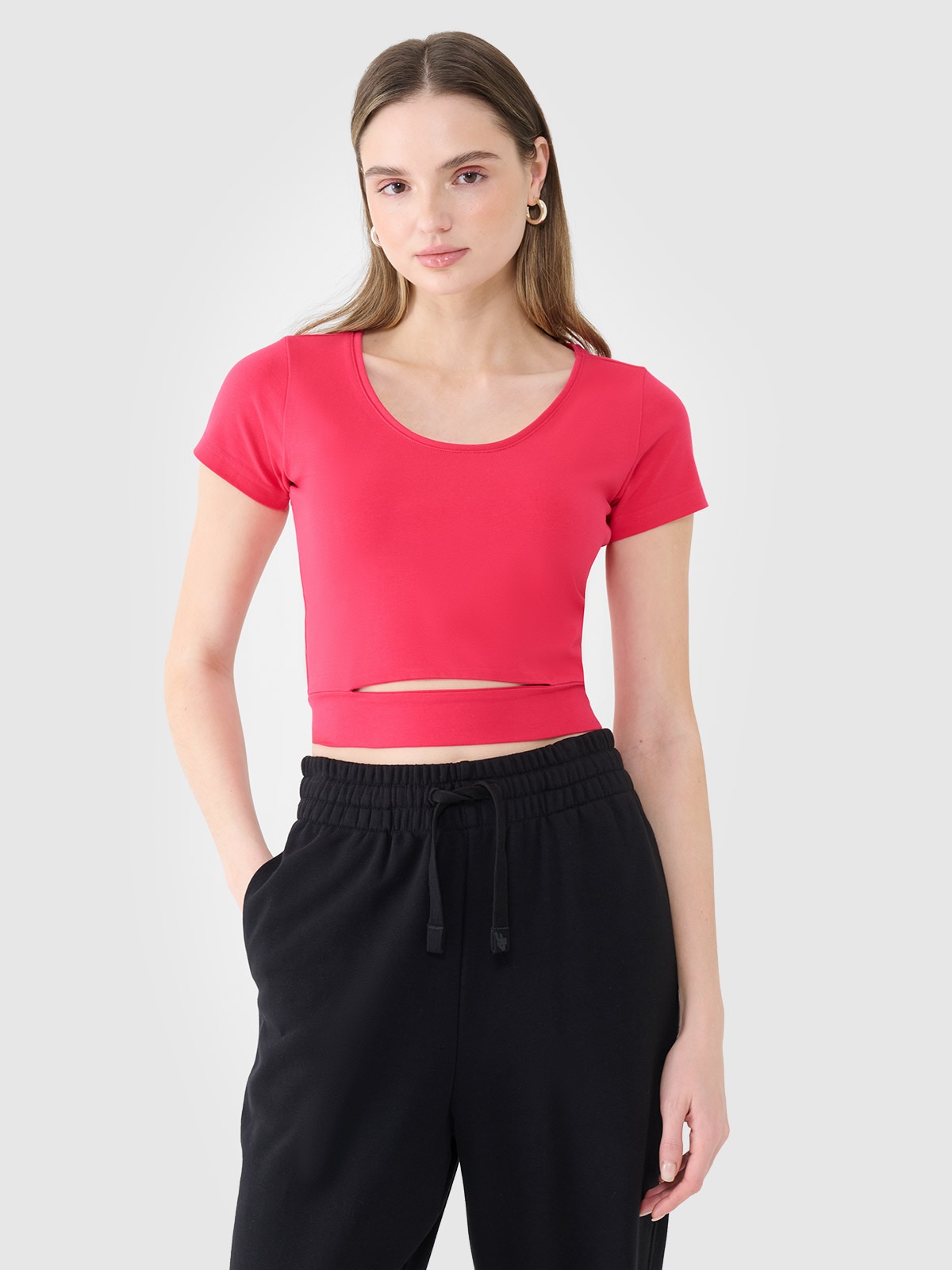 4F T-shirt crop top gładki damski - różowy S