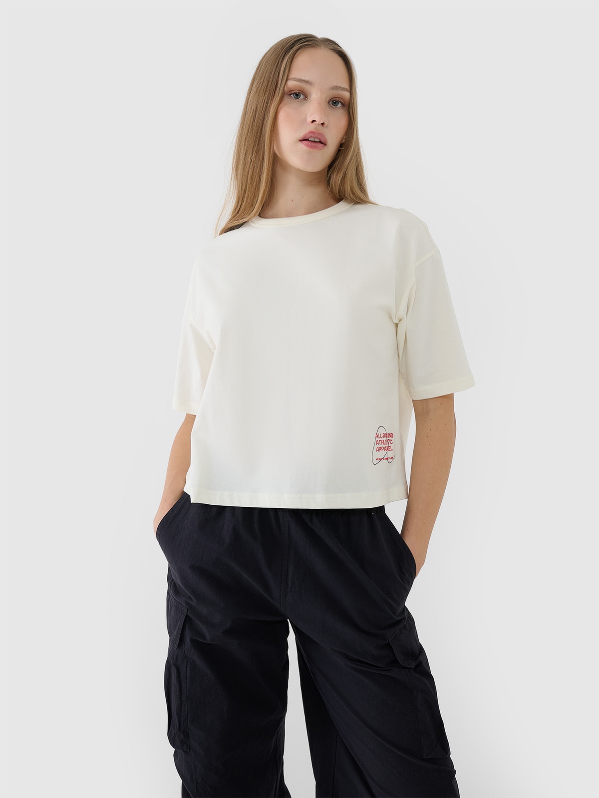 4F T-shirt oversize z nadrukiem damski - biały L