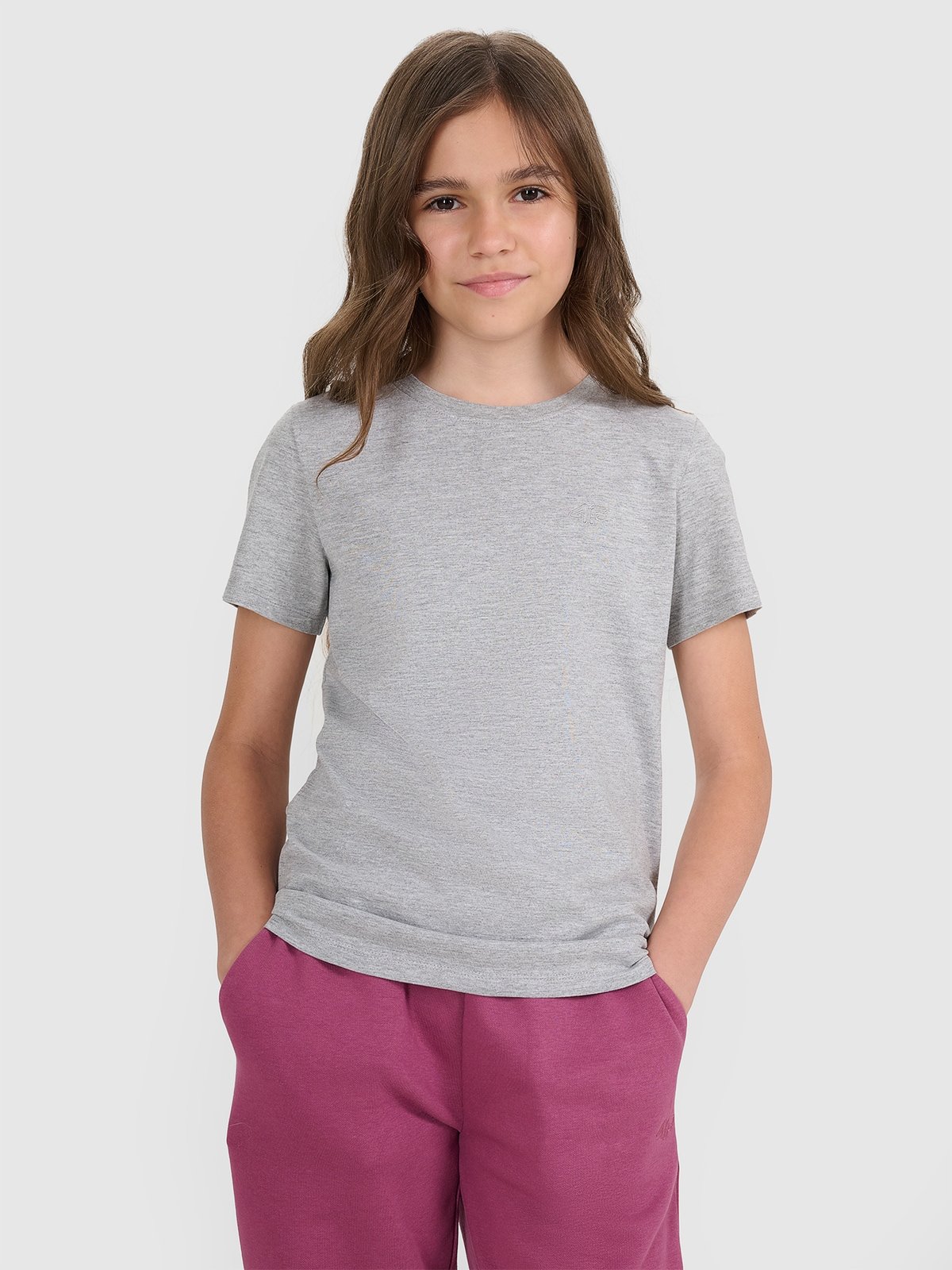 4F T-shirt regular gładki dziewczęcy - szary 140 (9-10 lat)