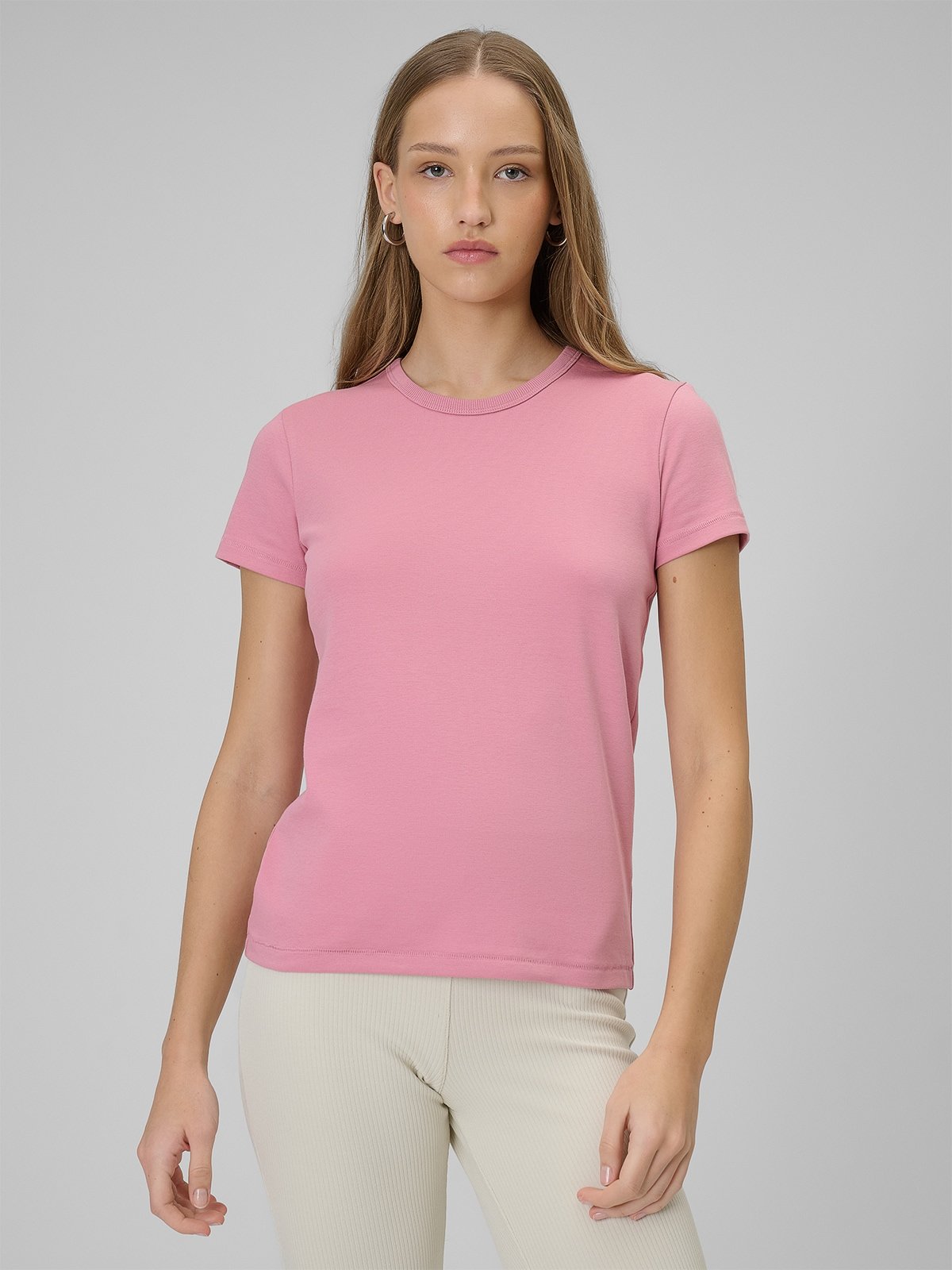 4F T-shirt slim gładki damski - różowy XXL