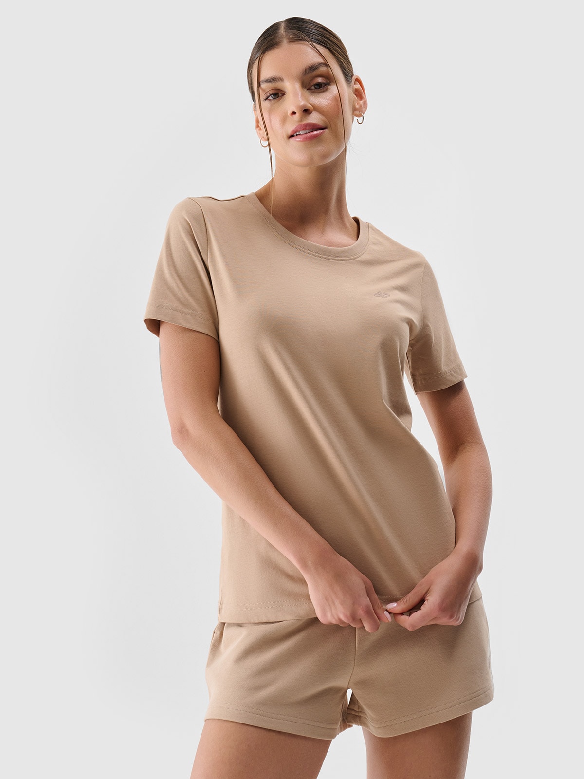 4F T-shirt regular gładki damski - beżowy L