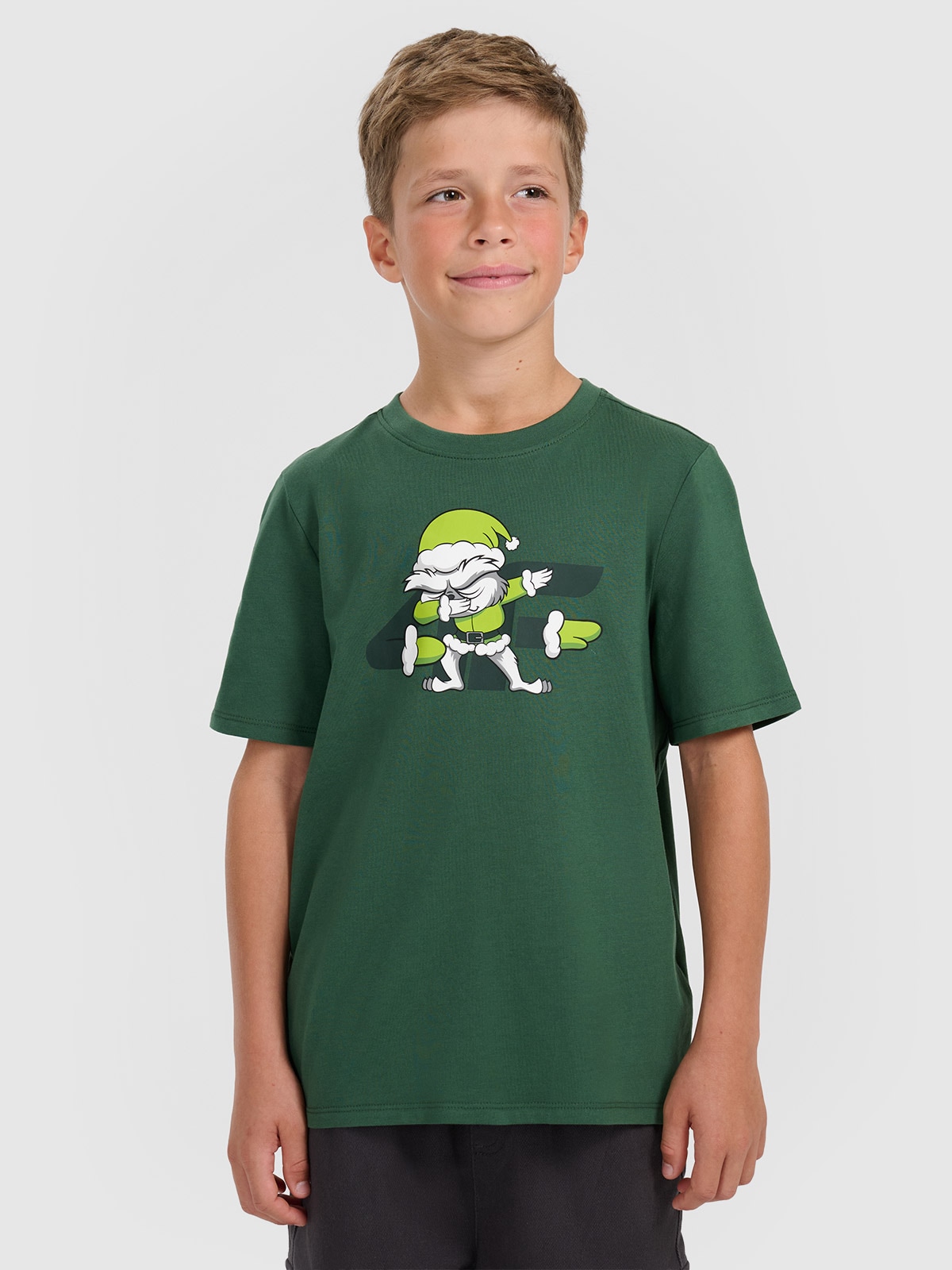 4F T-shirt regular z nadrukiem świątecznym chłopięcy - zielony 164 (13-14 lat)