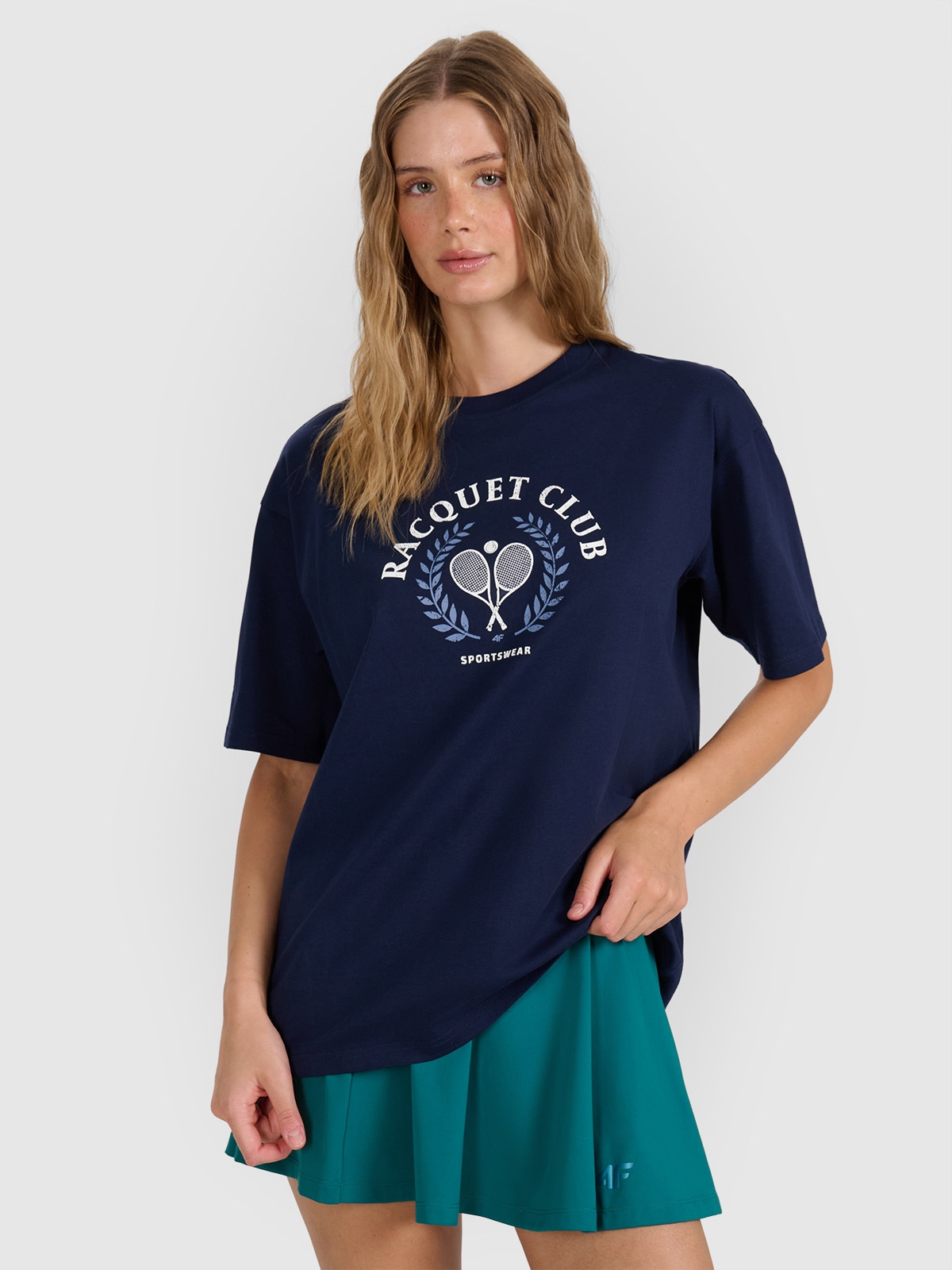 4F T-shirt oversize z nadrukiem damski - granatowa L