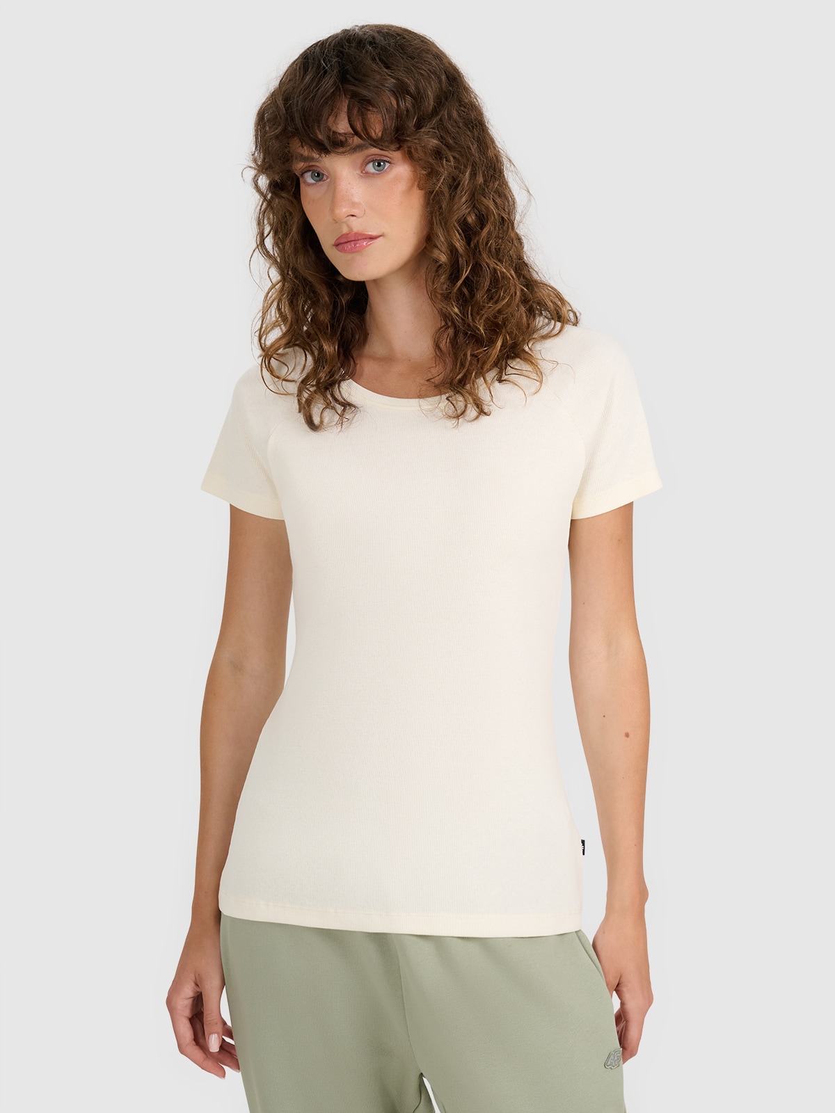 4F T-shirt regular z prążkowanej dzianiny damski - biały XL