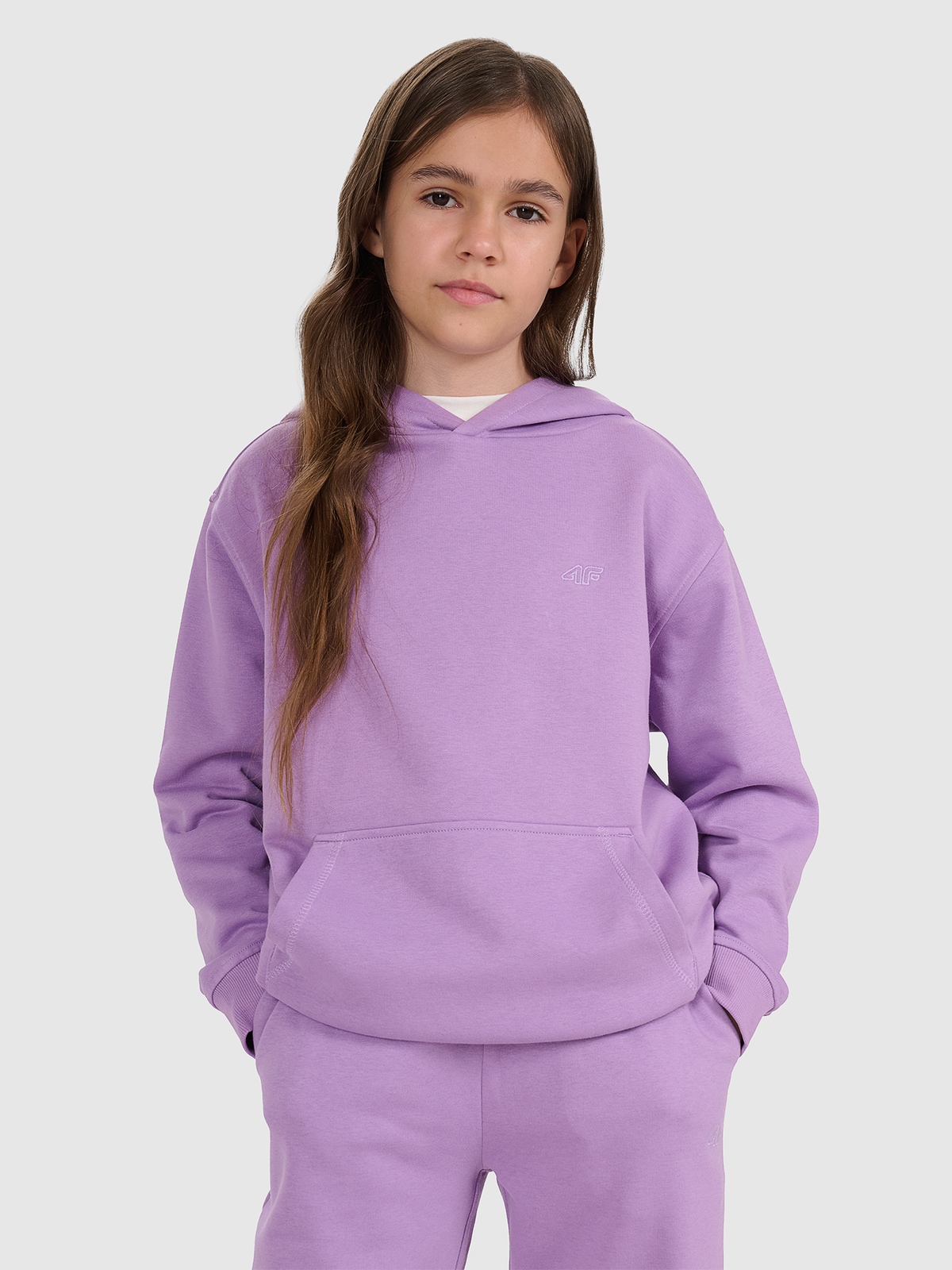 4F Bluza dresowa nierozpinana z kapturem dziewczęca - fioletowa 164 (13-14 lat)