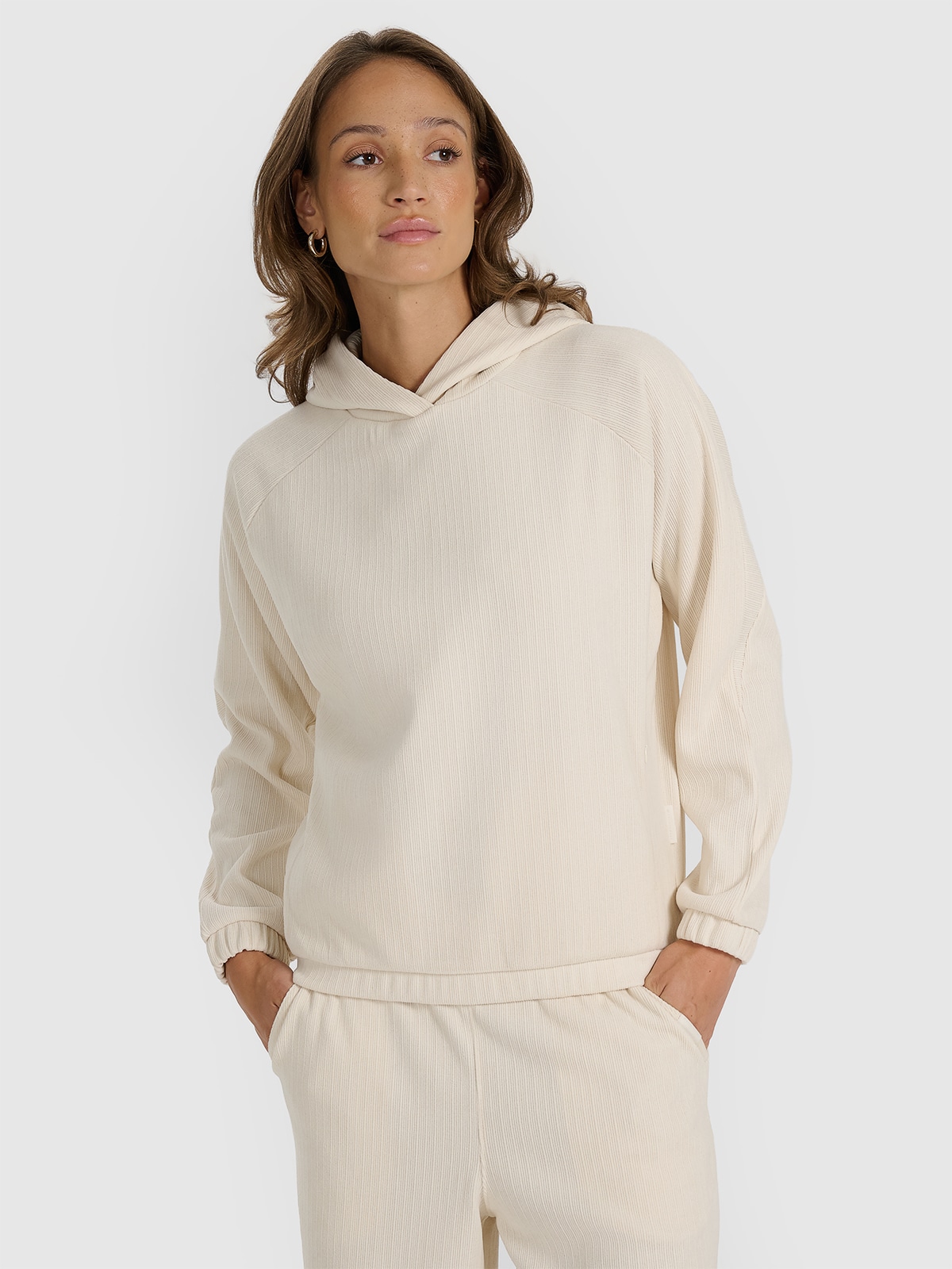 4F Bluza dresowa nierozpinana z kapturem damska - biała L