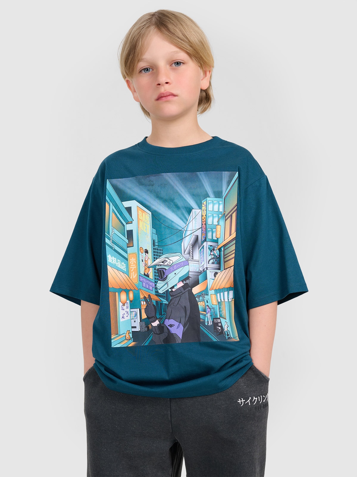 4F T-shirt oversize z nadrukiem chłopięcy - turkusowy 140 (9-10 lat)