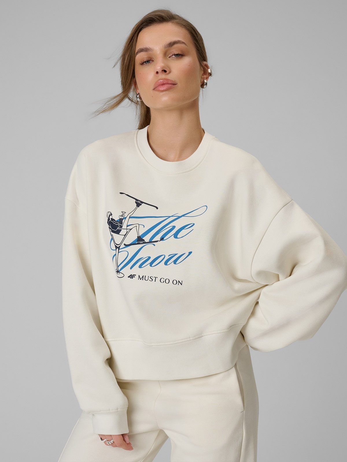 4F Bluza dresowa loose bez kaptura damska - beżowa S