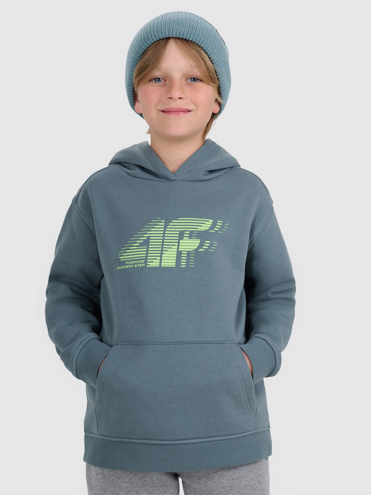 4F Bluza dresowa nierozpinana z kapturem chłopięca - turkusowa 140 (9-10 lat)