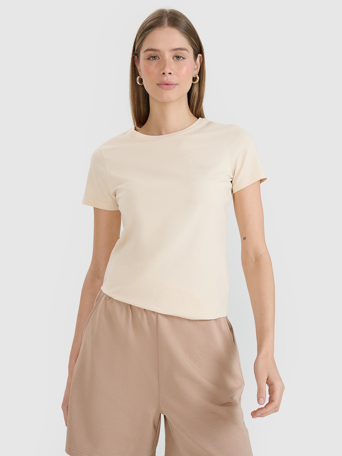 4F T-shirt slim gładki damski - beżowy XS