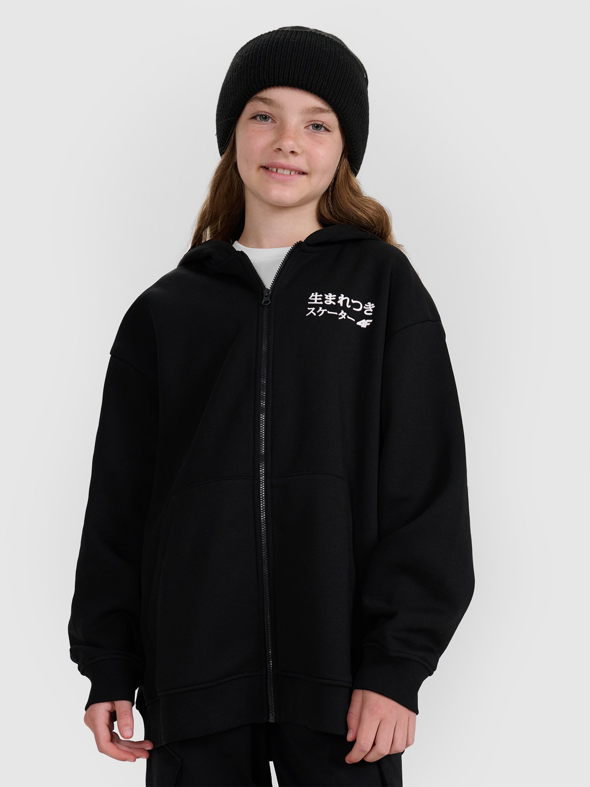 4F Bluza dresowa rozpinana z kapturem dziewczęca - czarna 146 (10-11 lat)