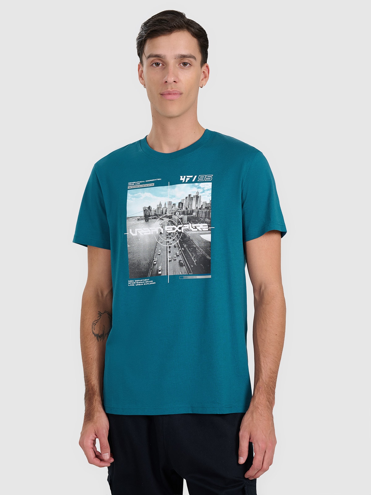 4F T-shirt regular z nadrukiem męski - turkusowy XL