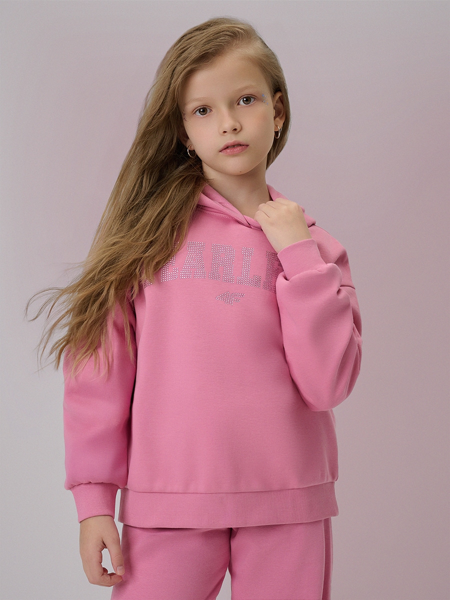 4F Bluza dresowa loose z kapturem dziewczęca - różowa 134/140 (8-10 lat)