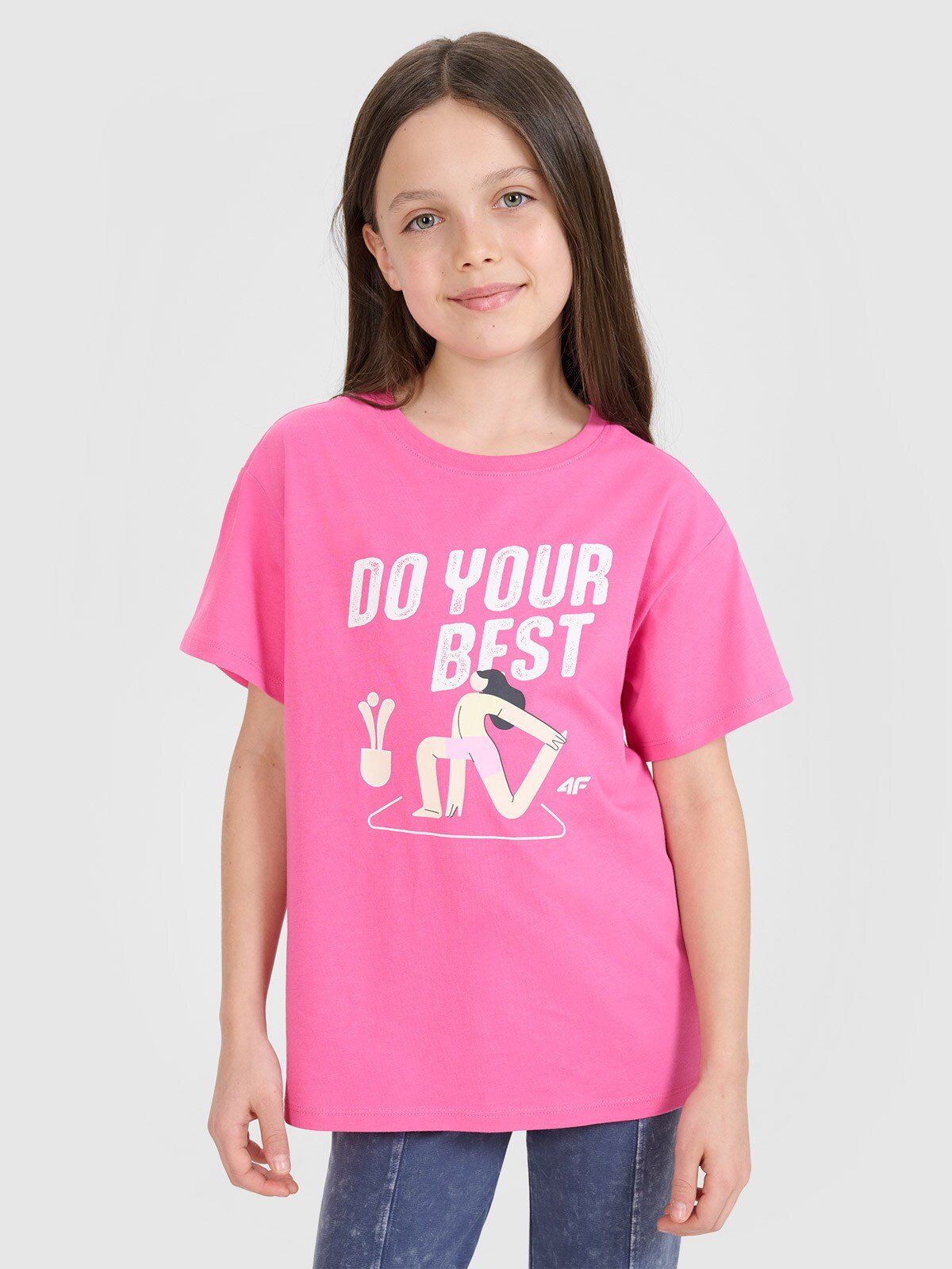 4F T-shirt regular z nadrukiem dziewczęcy - różowy 164 (13-14 lat)