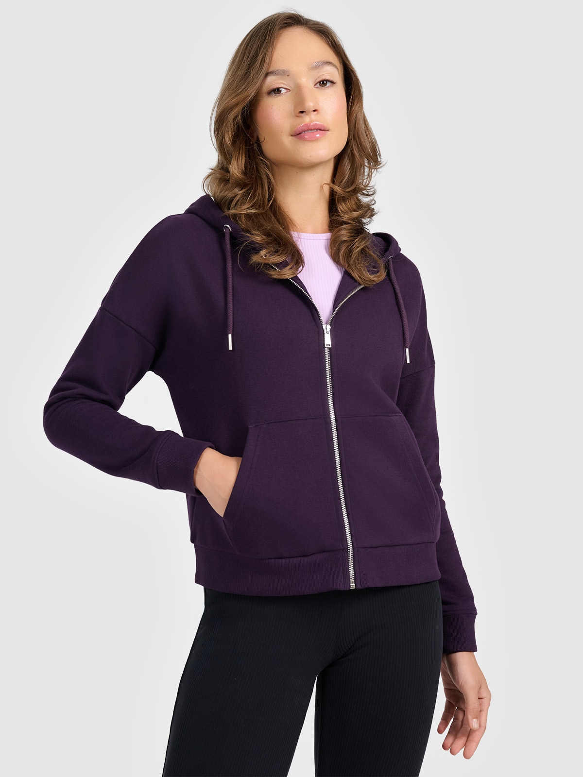 4F Bluza dresowa rozpinana z kapturem damska - fioletowa S