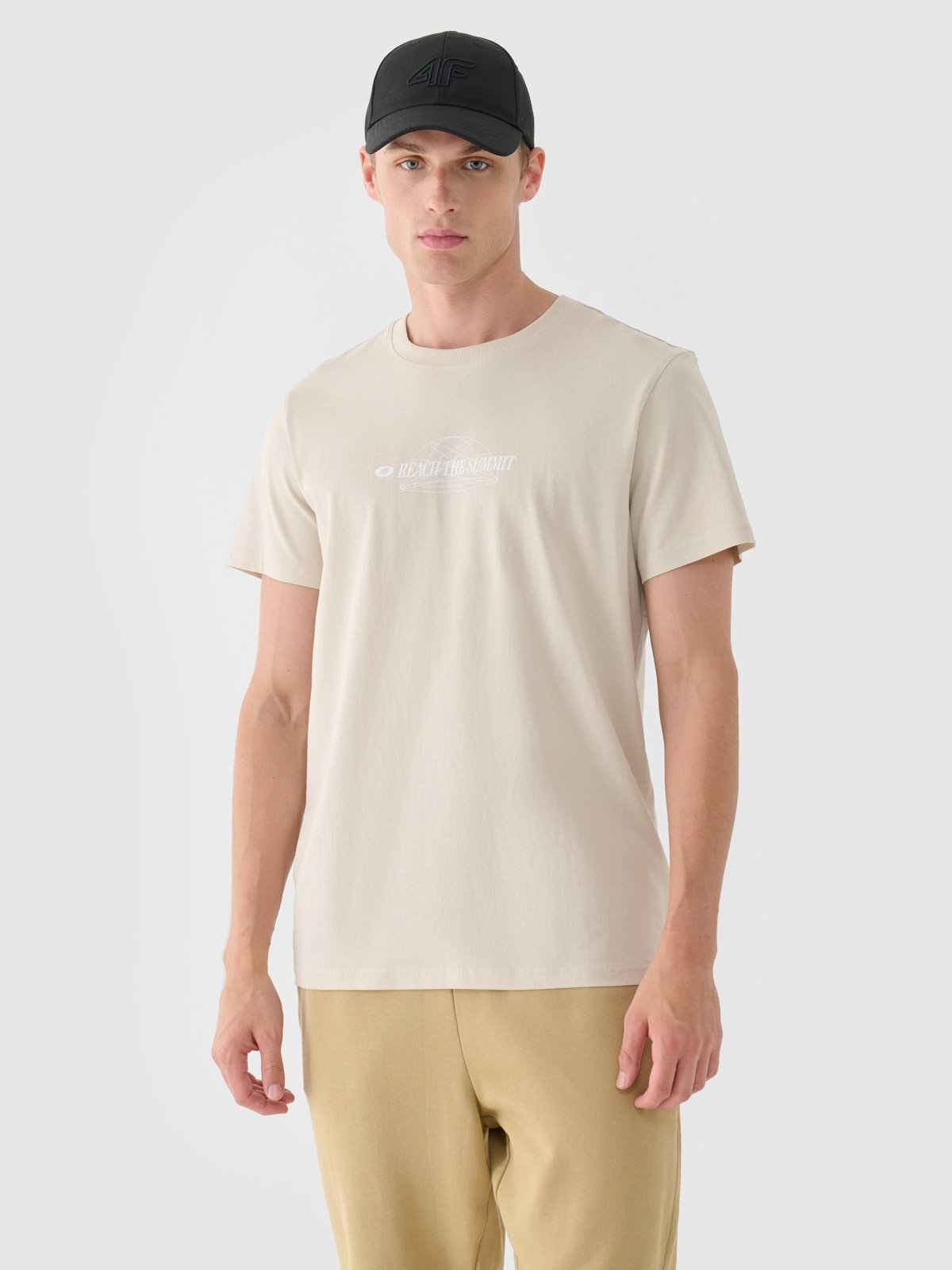 4F T-shirt regular z nadrukiem męski - beżowy XL