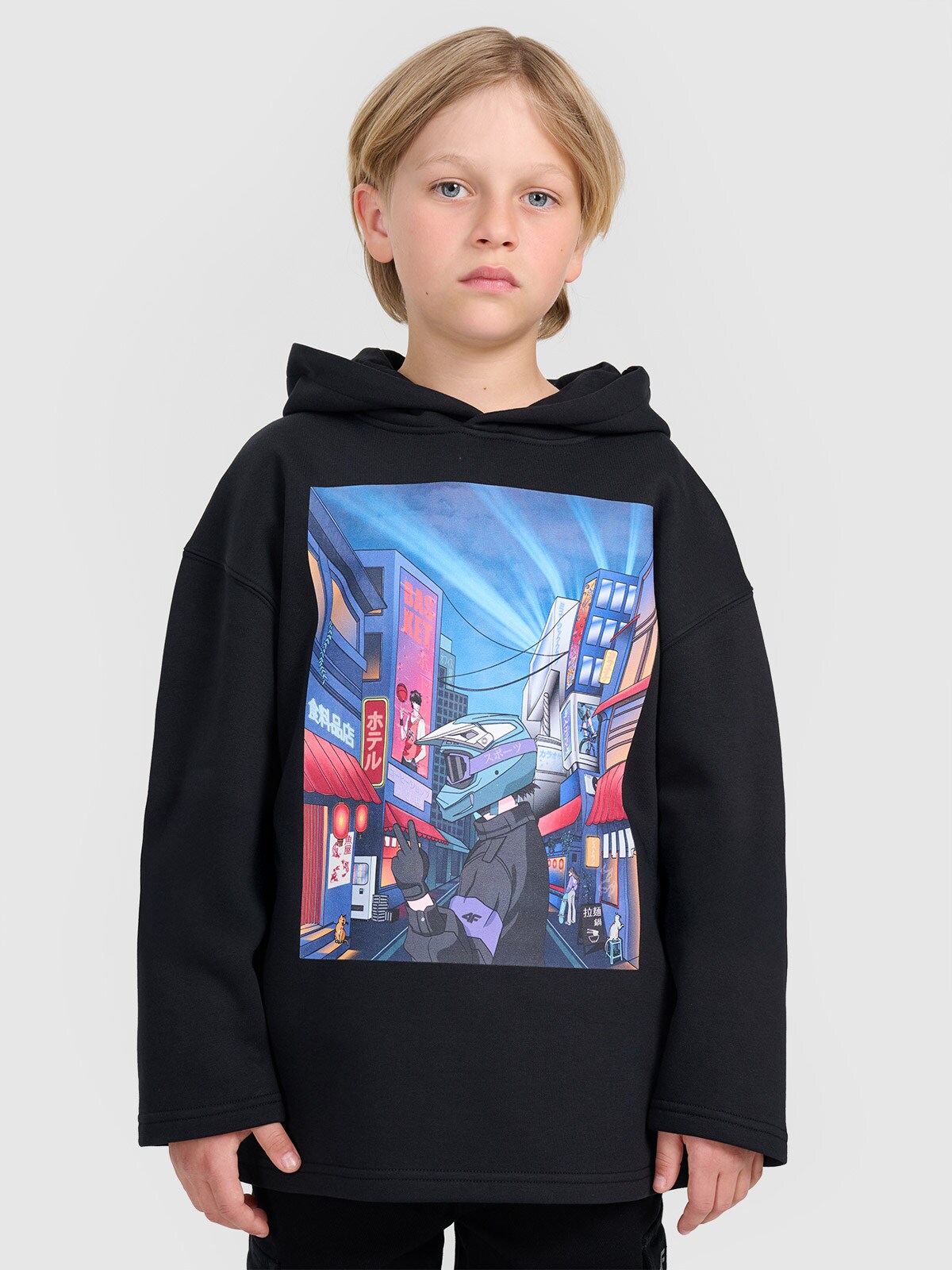 4F Bluza dresowa nierozpinana z kapturem chłopięca - czarna 146 (10-11 lat)