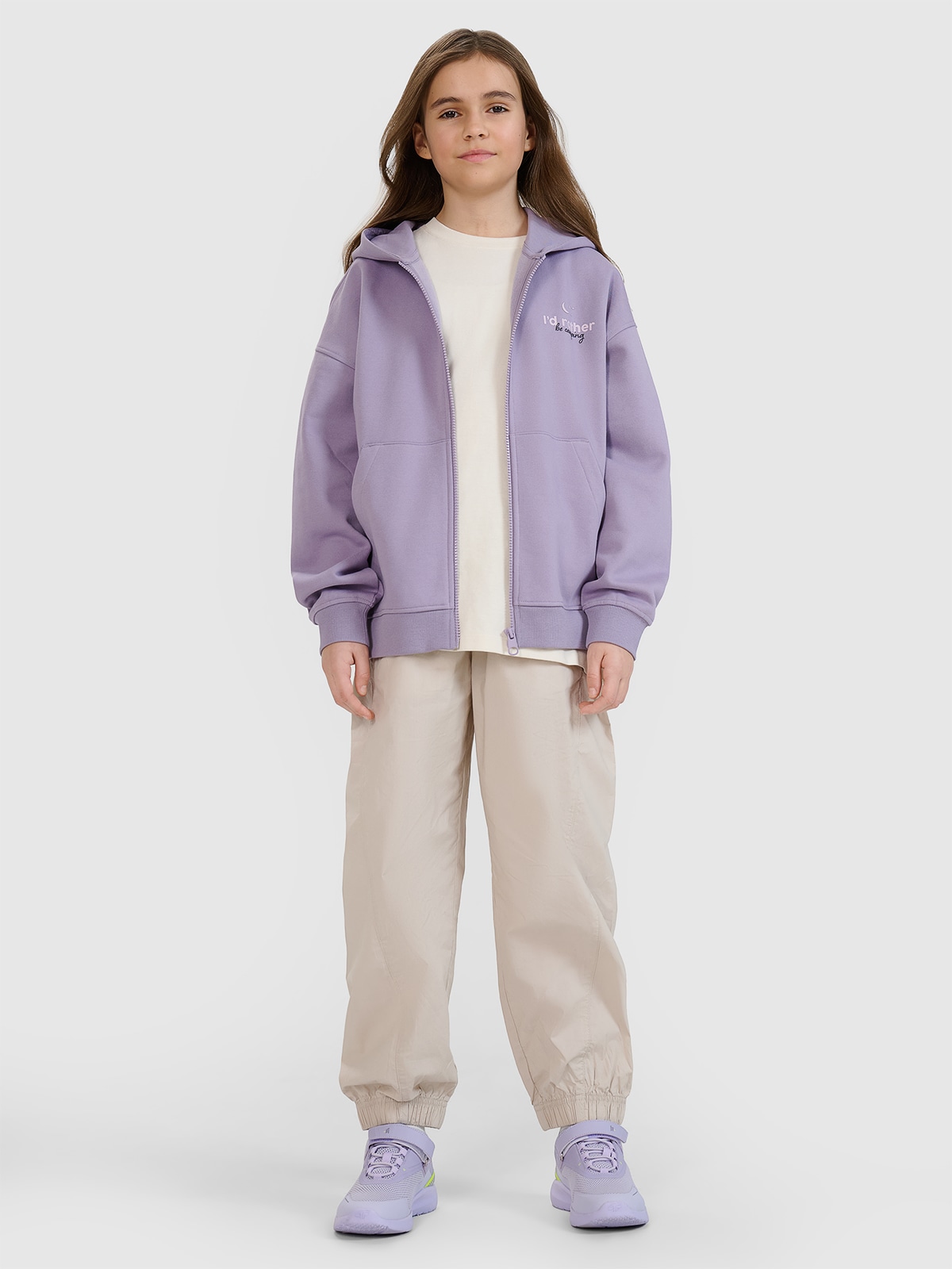 4F Spodnie casual joggery z szerokimi nogawkami dziewczęce - beżowe 164 (13-14 lat)