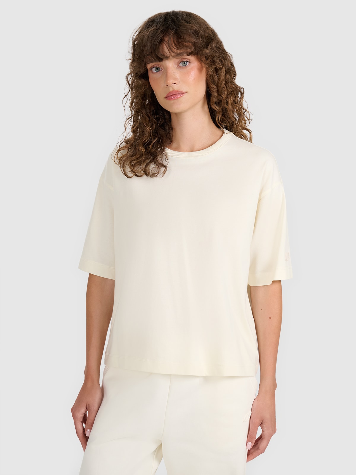 4F T-shirt oversize gładki damski - beżowy XS